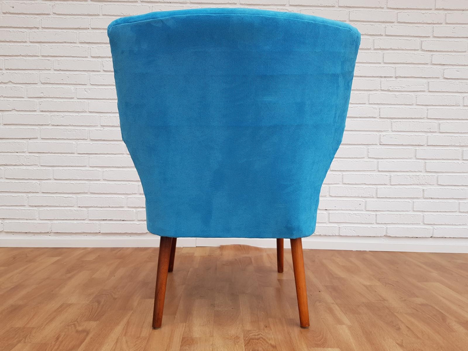 Vintage Armchair, 1970s, Blue Fabric, Kvadrat Wool Buttons, Beechwood For Sale 2