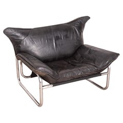 Sillón Vintage de los años 70 en Piel Negra Diseño Italiano