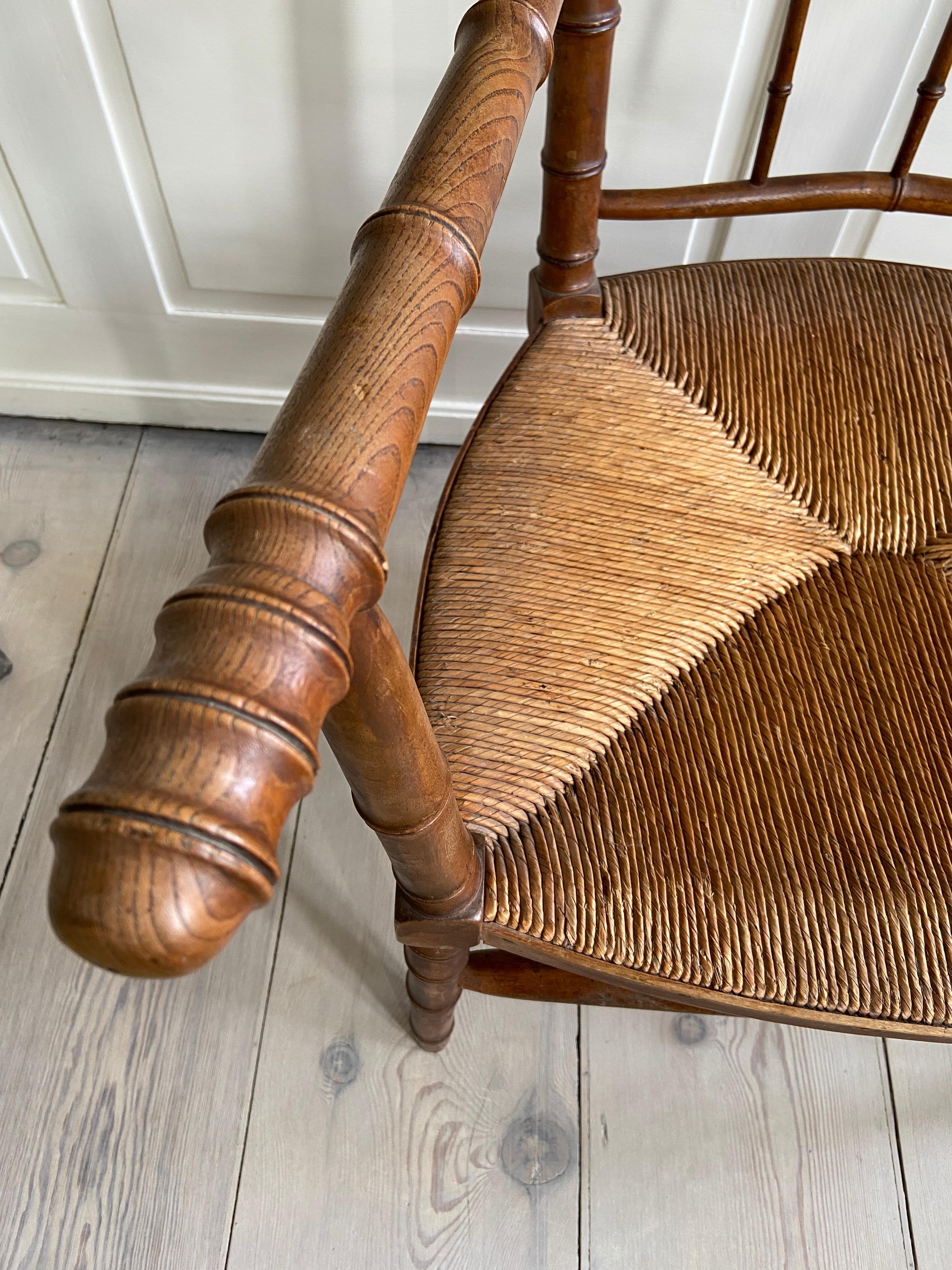 French Vintage Armchair in Faux Bamboo and Wicker Seat, France, Early 20th Century For Sale