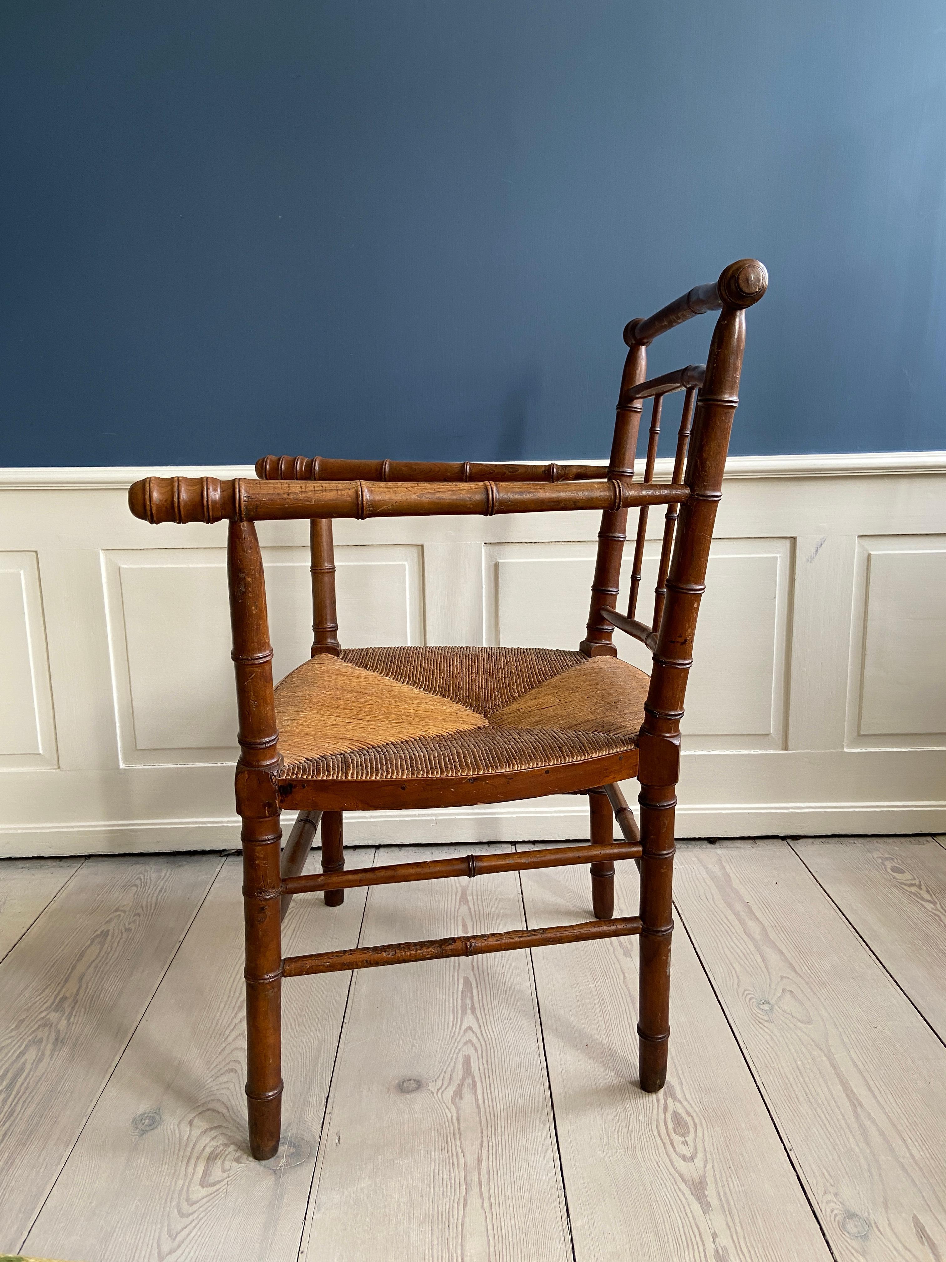 Vintage Armchair in Faux Bamboo and Wicker Seat, France, Early 20th Century For Sale 4