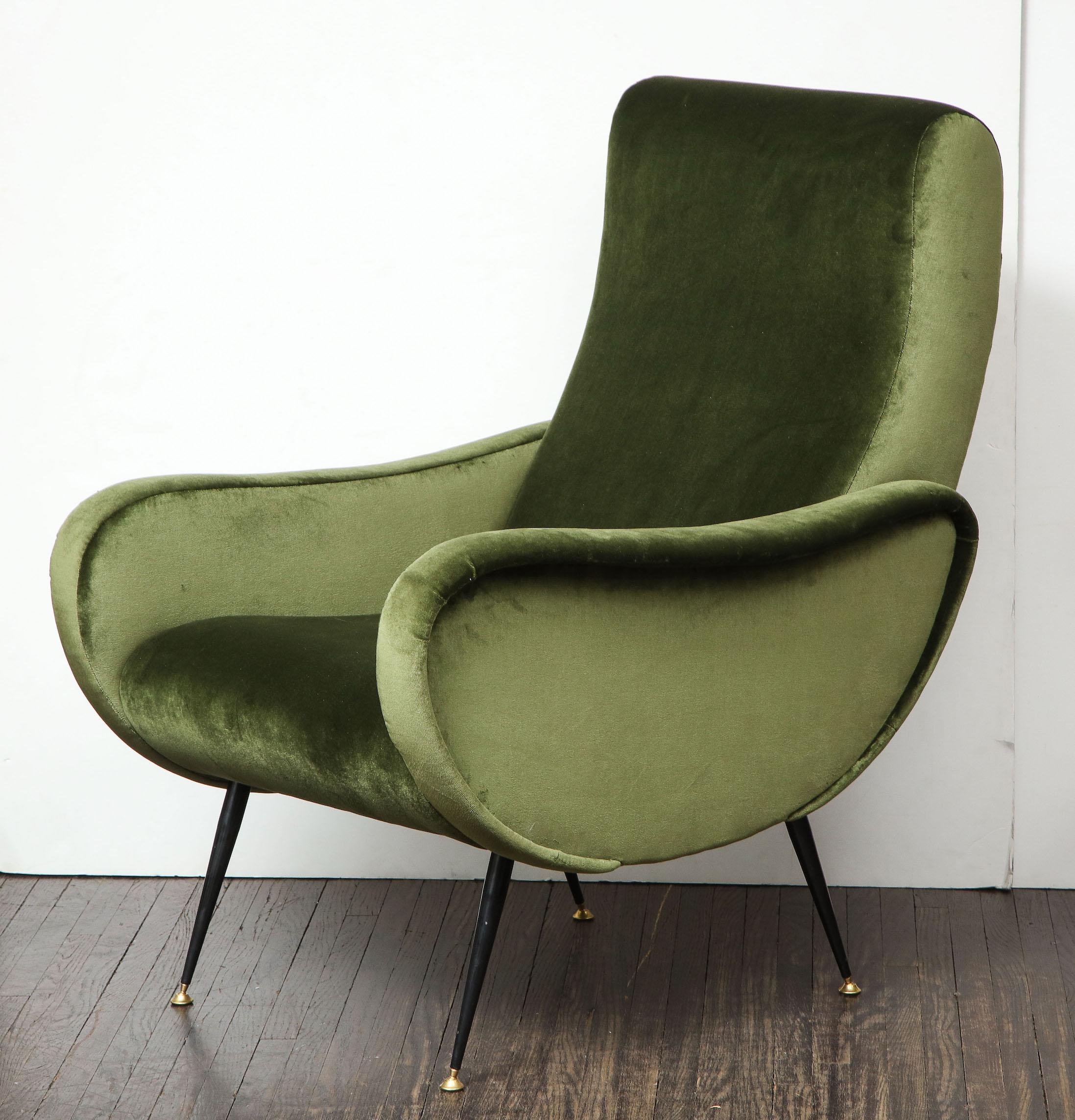 Italian Vintage Armchair in the Style of Marco Zanuso in Green Velvet