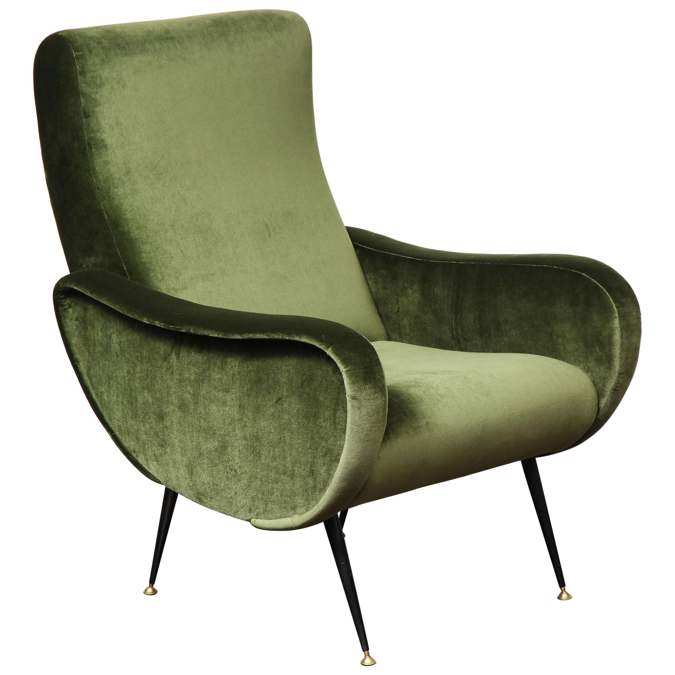 Vintage Armchair in the Style of Marco Zanuso in Green Velvet