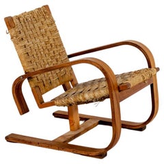 Vintage Armchair in Wood and Wicker Attr. to Giuseppe Pagano