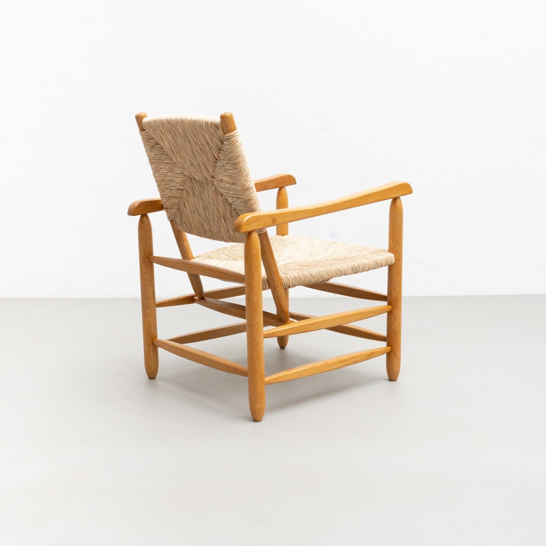 Mid-Century moderno Poltrona vintage - Wood Oak e canna, circa 1980, artigianato senza tempo in vendita