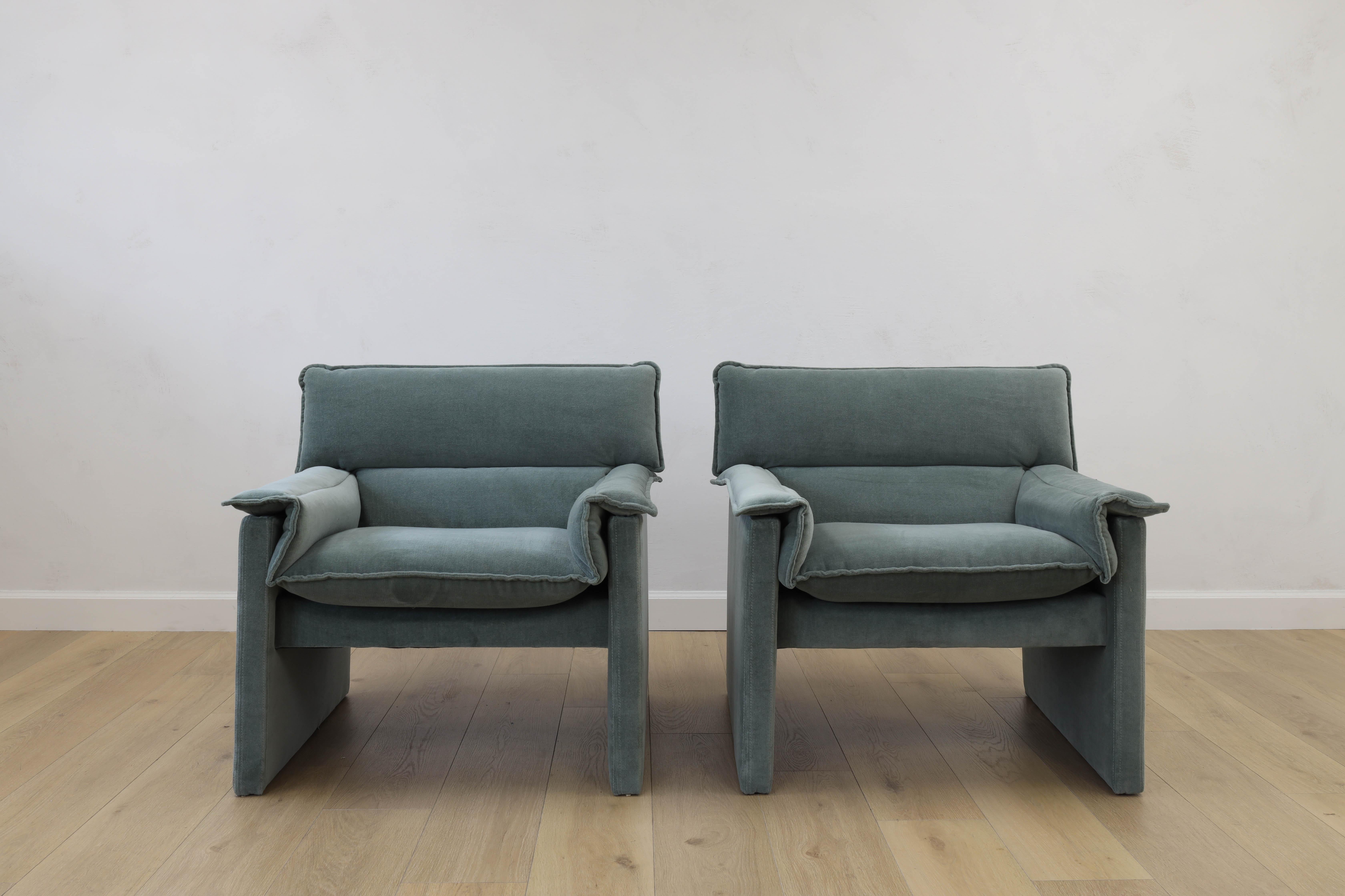 Pair of Vintage Armchairs by Preview, reupholstered in Silver Sage Velvet. This fabric is lush and has beautiful silver an blue undertones. The foam has been replaced making these the coziest chairs, perfect to snuggle up