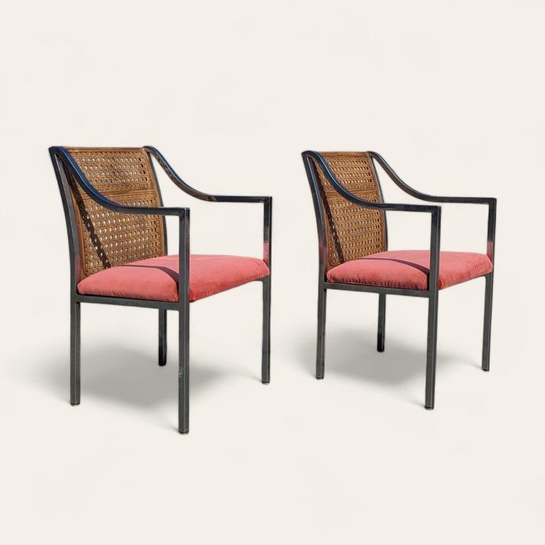 Acciaio Poltrone vintage, cromo, rattan, schienale a canne, metà secolo, MCM, cucina, sala da pranzo in vendita