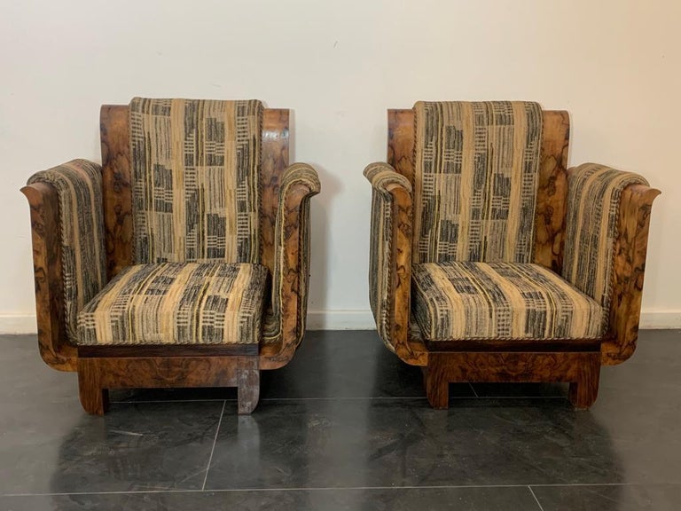 Art Deco Vintage Armchairs in Walnut Burl by Franco Albini, 1930s, Set of 2 For Sale