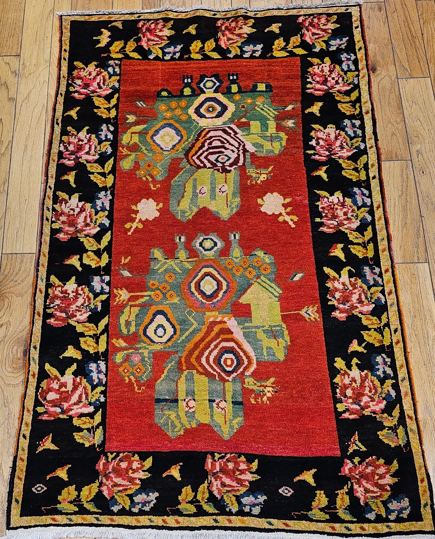 Vintage Armenian Karabagh in Floral Pattern in Red, Pink, Brown, Yellow, Green For Sale 10