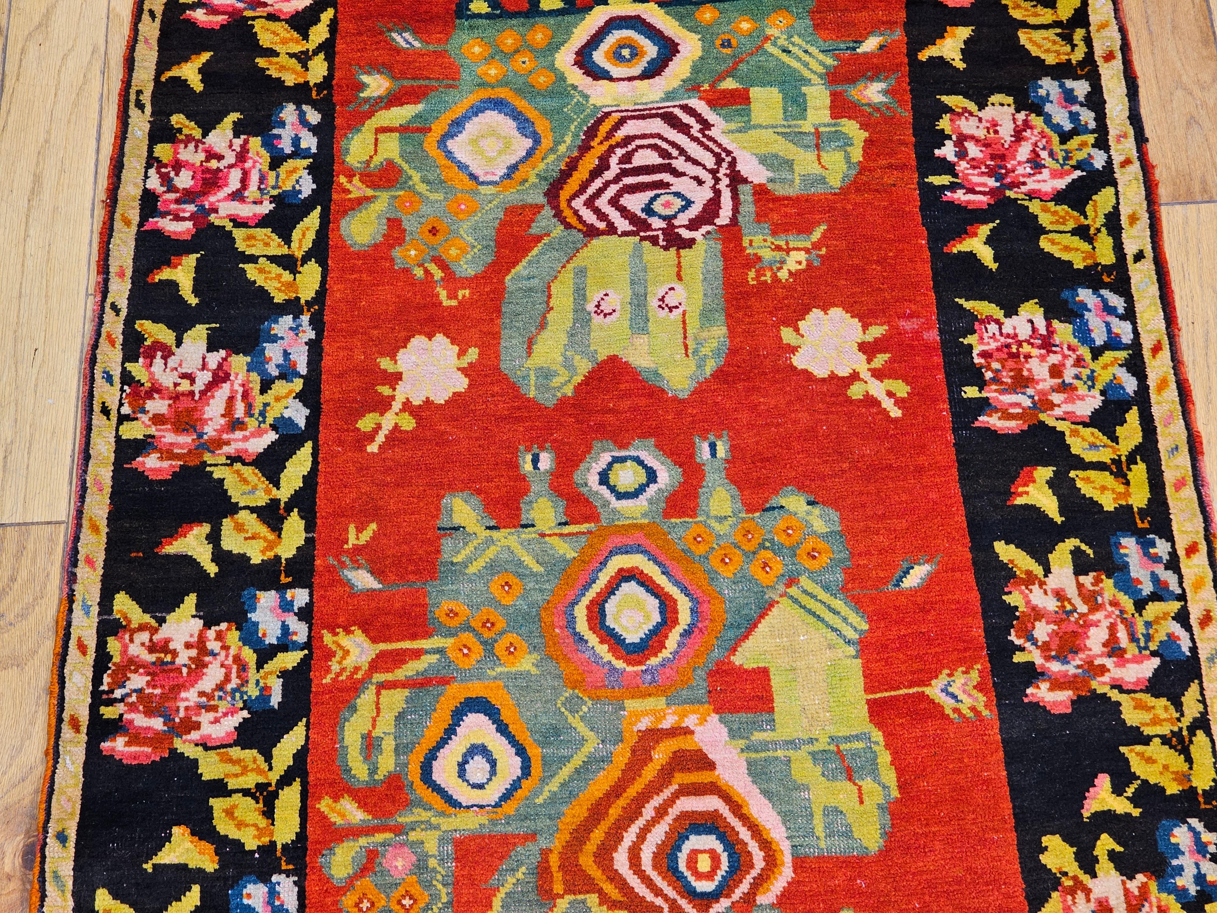 Vintage Armenian Karabagh in Floral Pattern in Red, Pink, Brown, Yellow, Green In Good Condition For Sale In Barrington, IL