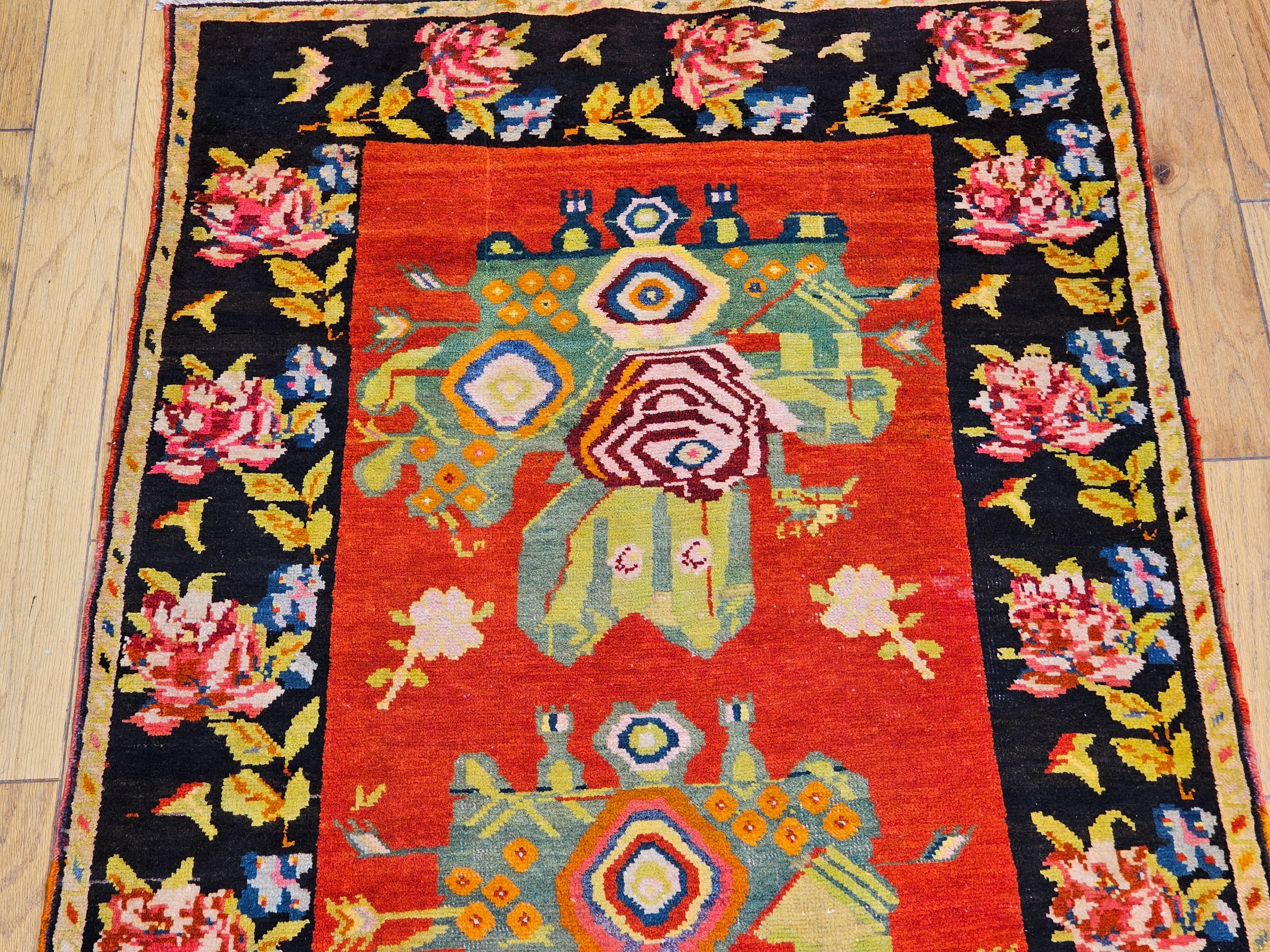 20th Century Vintage Armenian Karabagh in Floral Pattern in Red, Pink, Brown, Yellow, Green For Sale