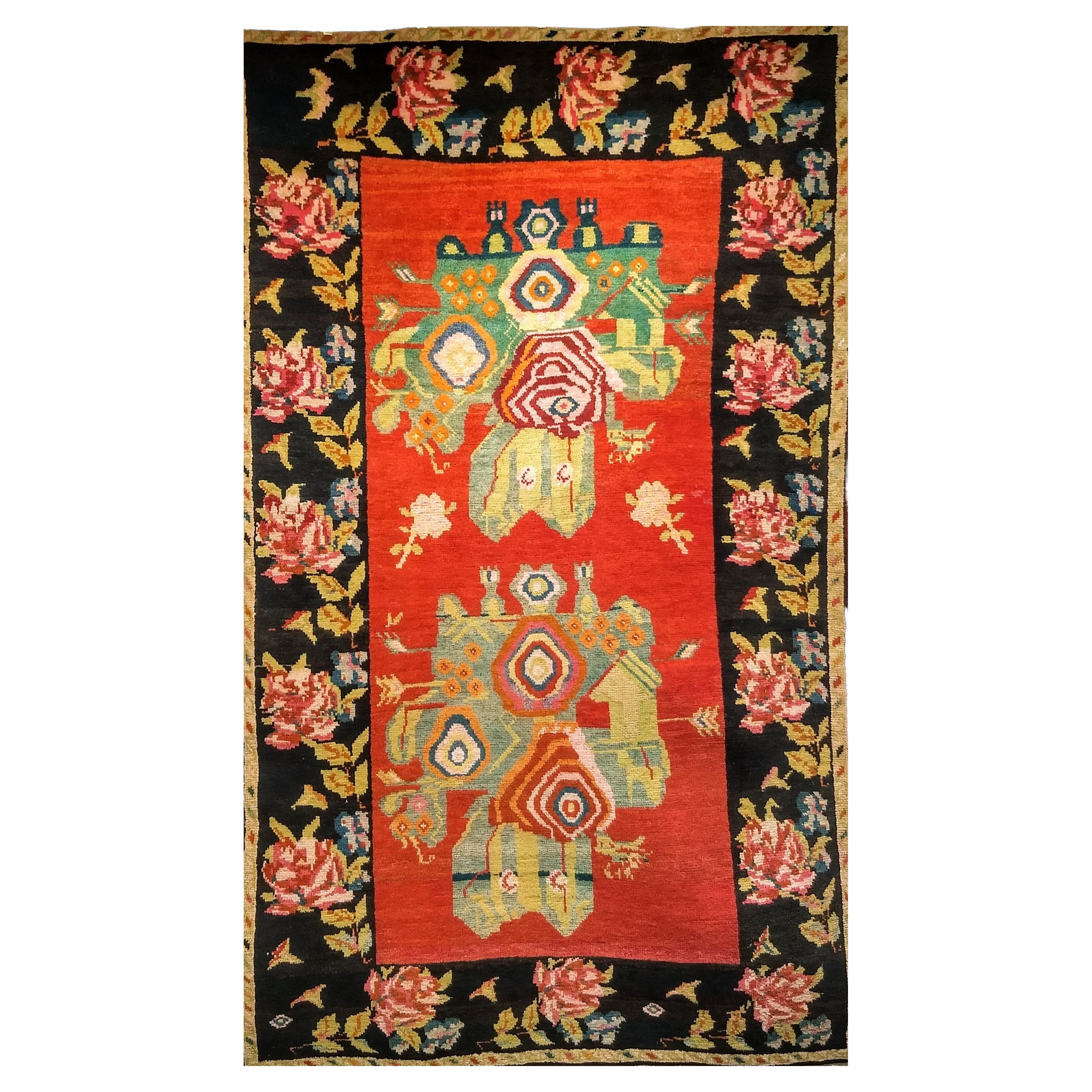Vintage Armenian Karabagh in Floral Pattern in Red, Pink, Brown, Yellow, Green For Sale