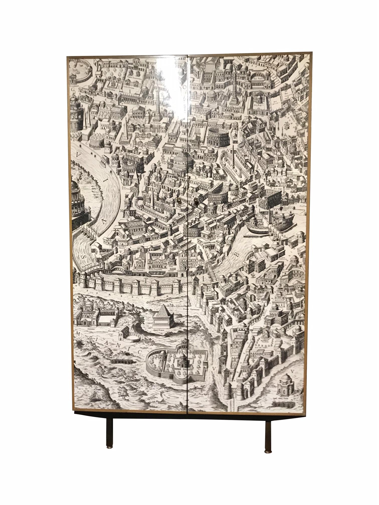 English Vintage Armoire Compactium Engraving of Ancient Rome on Formica Panels, 1950s