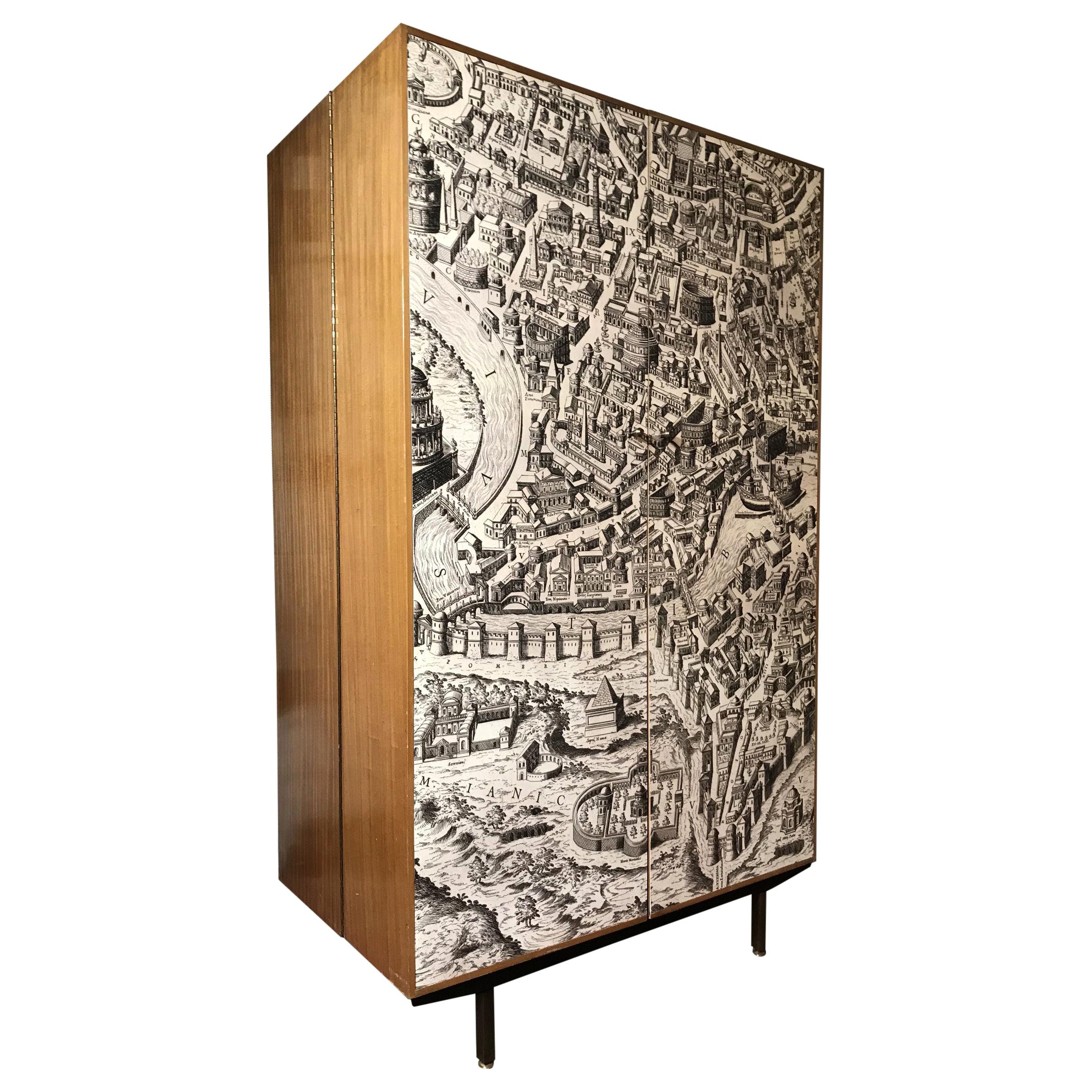 Vintage Armoire Compactium Engraving of Ancient Rome on Formica Panels, 1950s