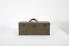 Vintage Army Green Enameled Metal Tool or Storage Box with Leather Handle