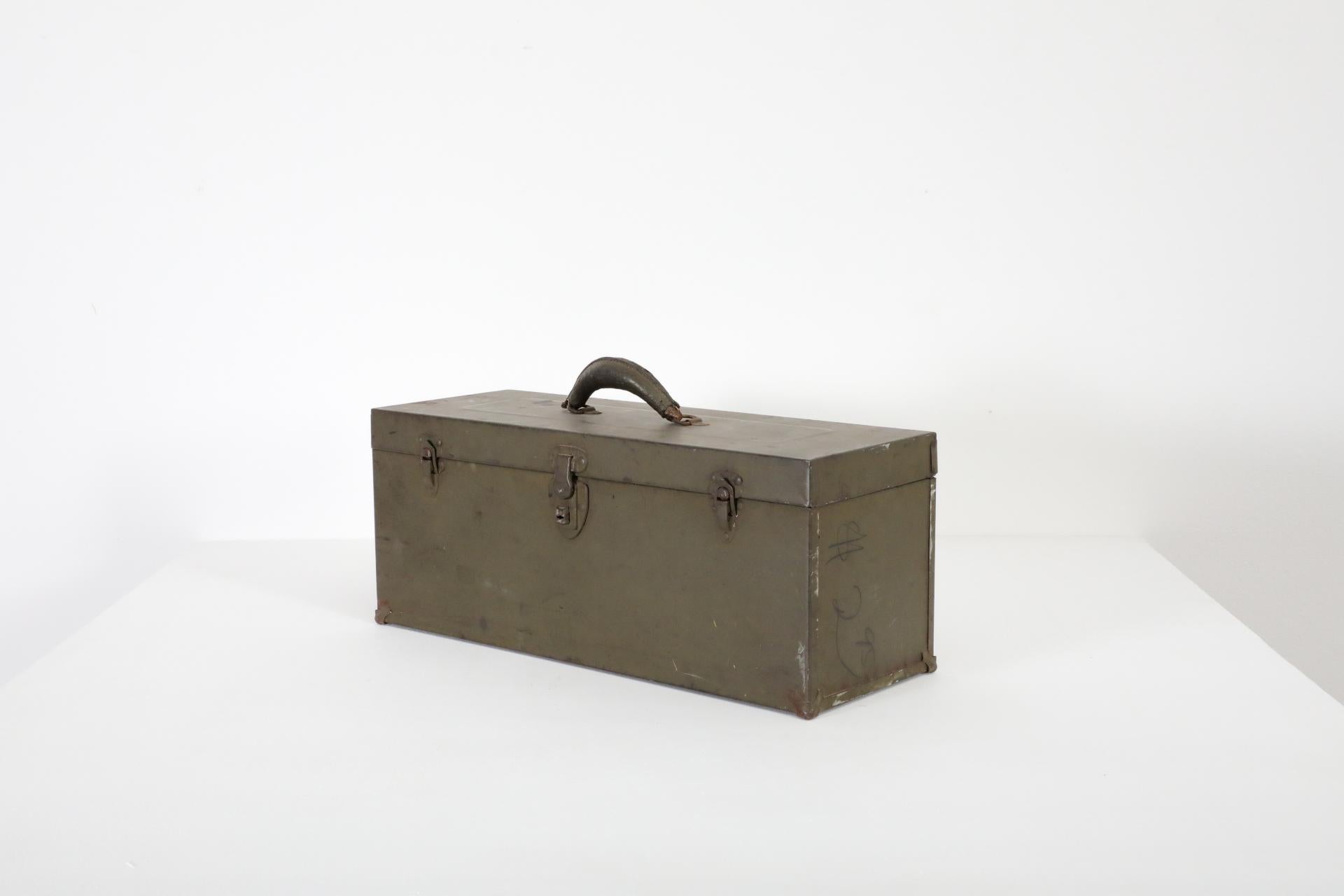 Mid-Century Modern Vintage Army Green Enameled Metal Tool or Storage Box with Leather Handle For Sale