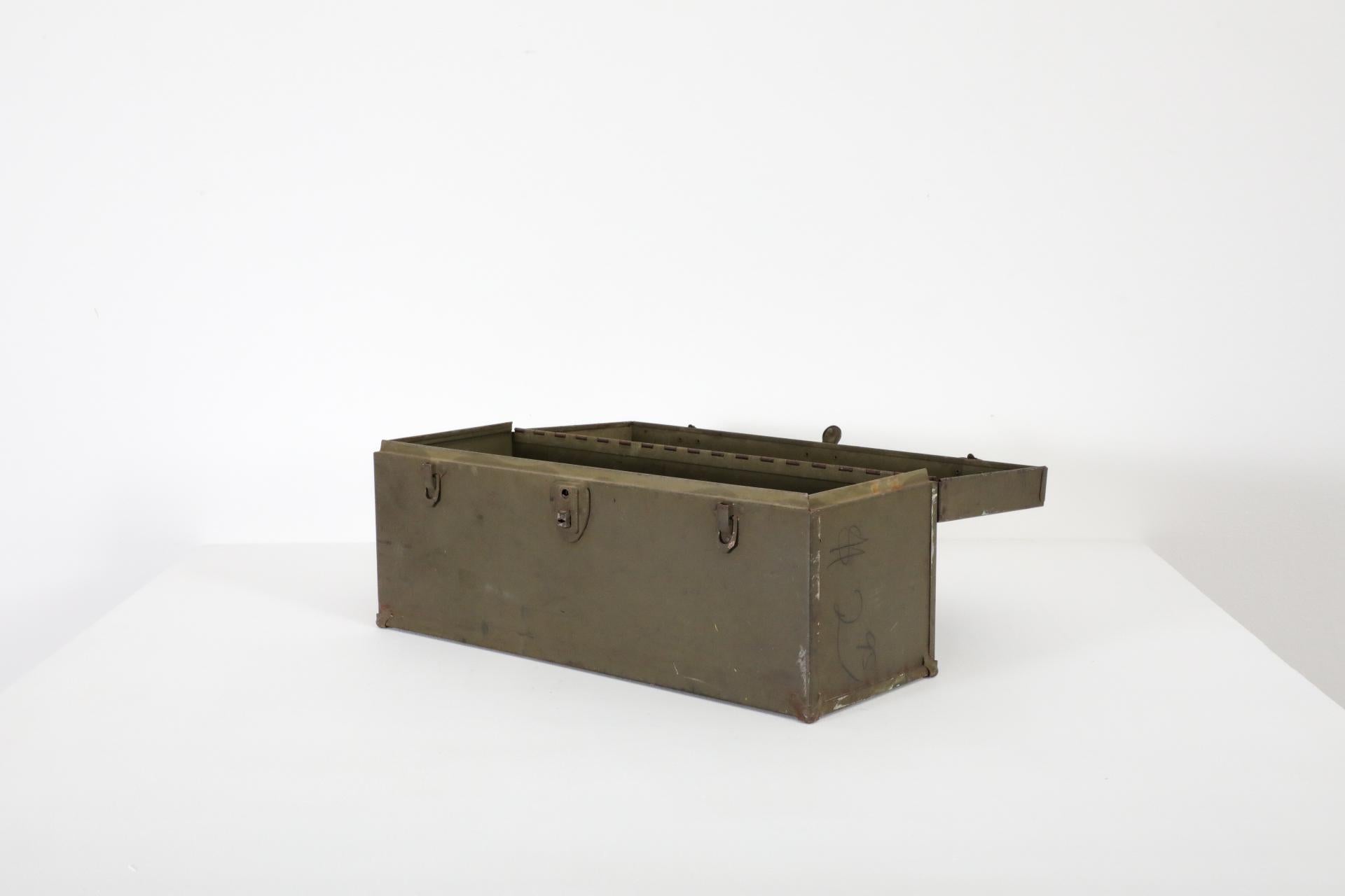 American Vintage Army Green Enameled Metal Tool or Storage Box with Leather Handle For Sale