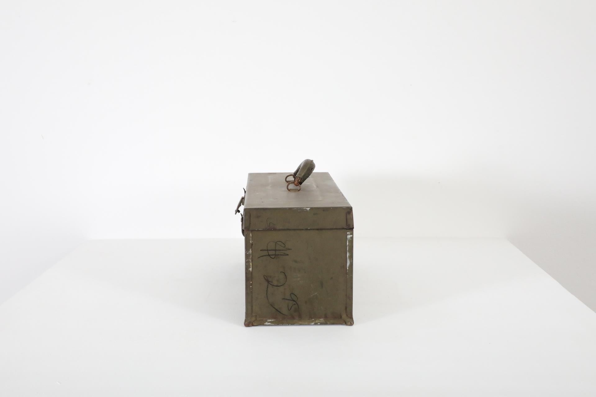 Vintage Army Green Enameled Metal Tool or Storage Box with Leather Handle In Good Condition For Sale In Los Angeles, CA