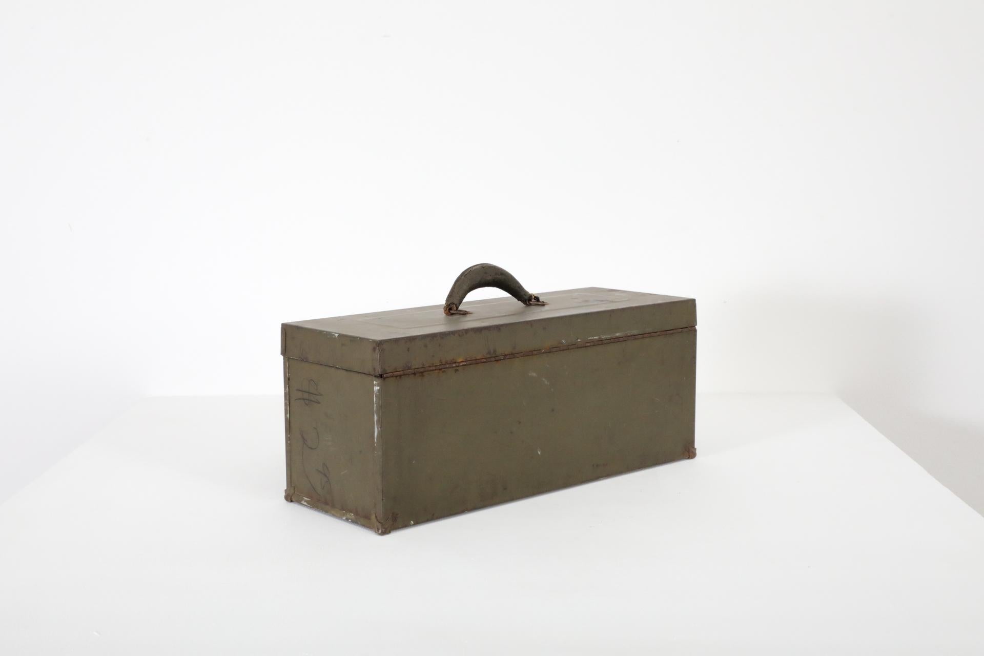 20th Century Vintage Army Green Enameled Metal Tool or Storage Box with Leather Handle For Sale