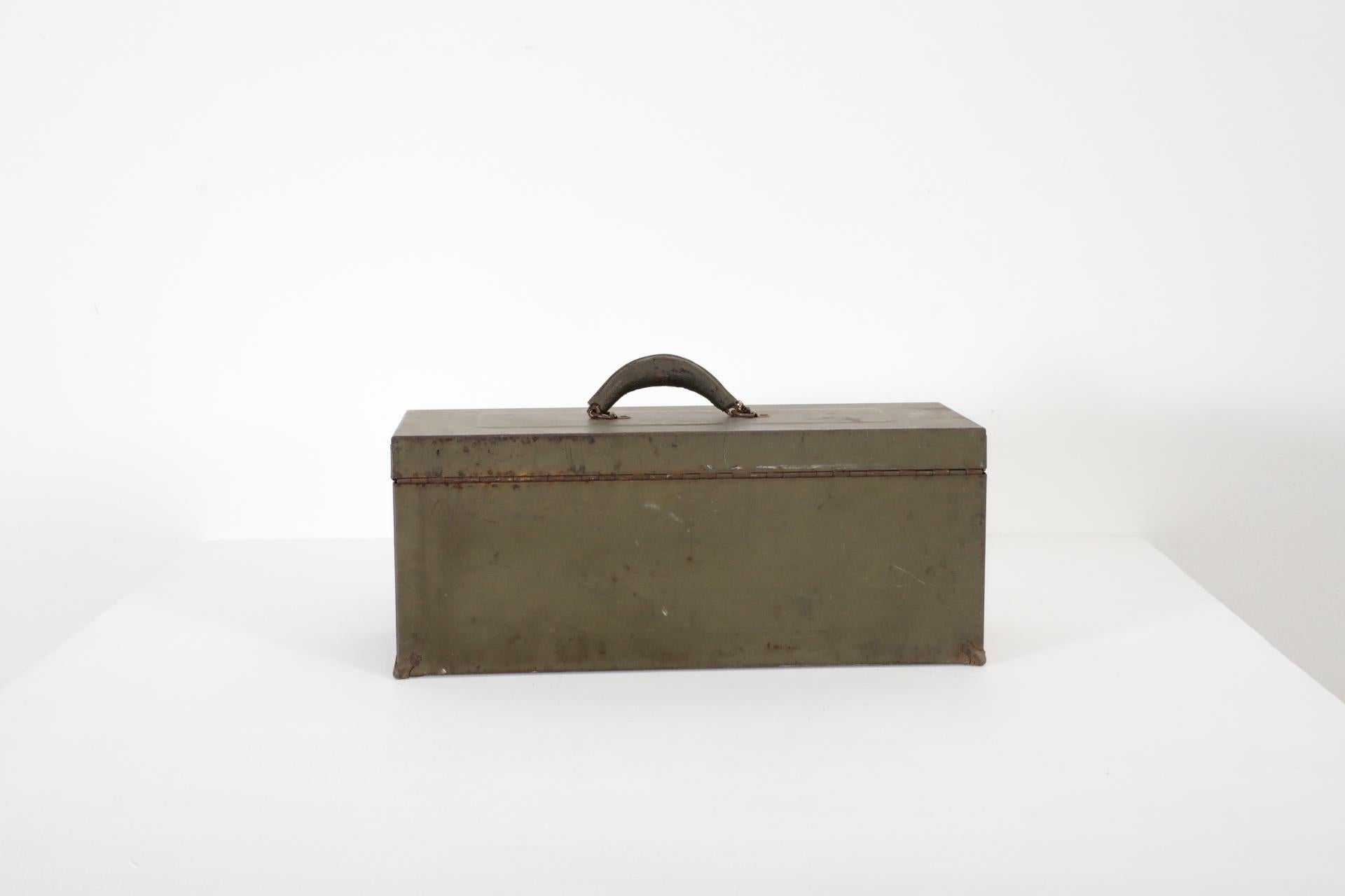 Vintage Army Green Enameled Metal Tool or Storage Box with Leather Handle For Sale 1
