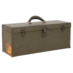 Vintage Army Green Enameled Metal Tool or Storage Box with Leather Handle