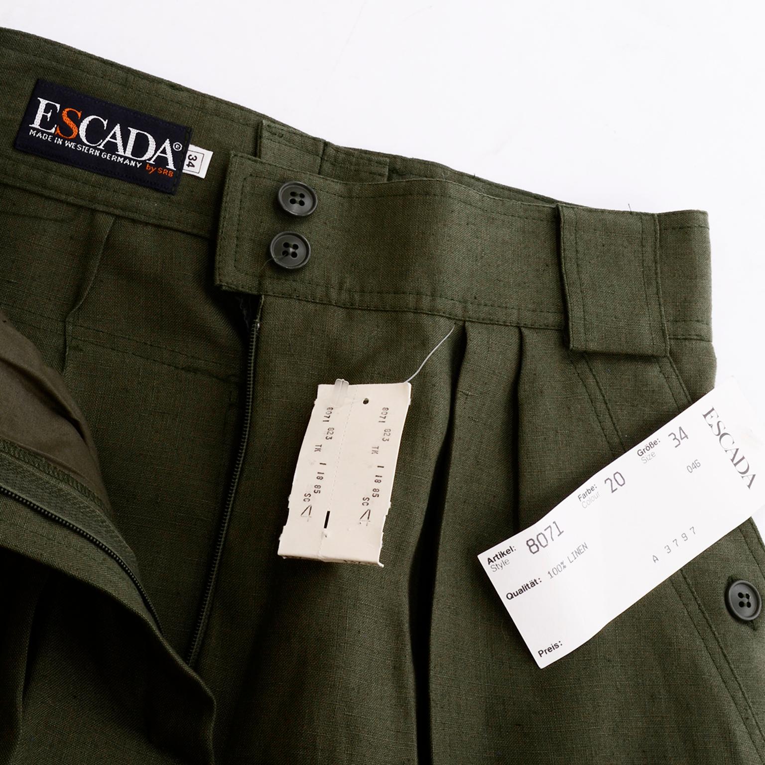 Vintage Army Green Escada Linen High Waisted Shorts Deadstock New With Tags For Sale 2