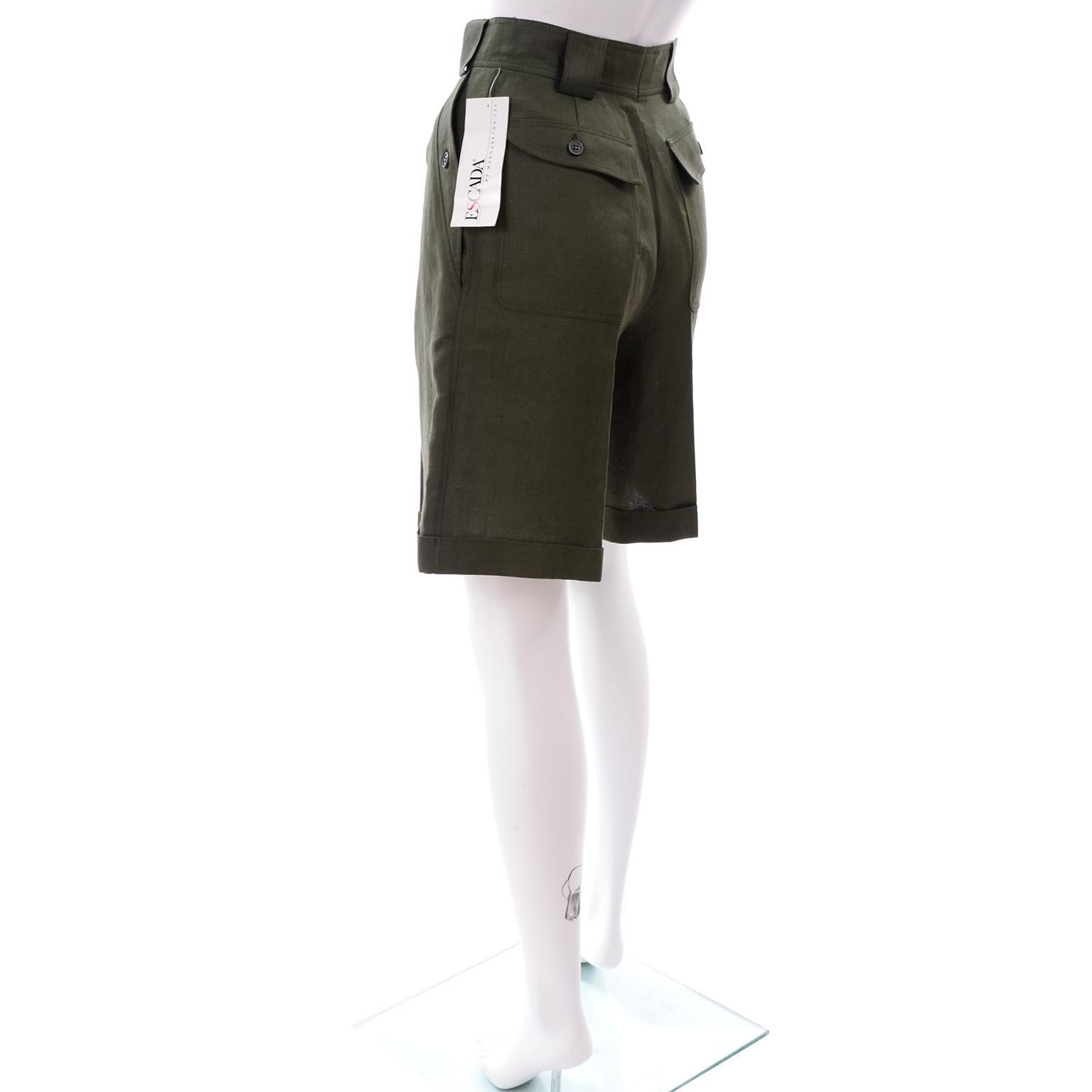Vintage Army Green Escada Leinen-Shorts mit hoher Taille Deadstock in Armeegrün, neu mit Etiketten (Schwarz) im Angebot