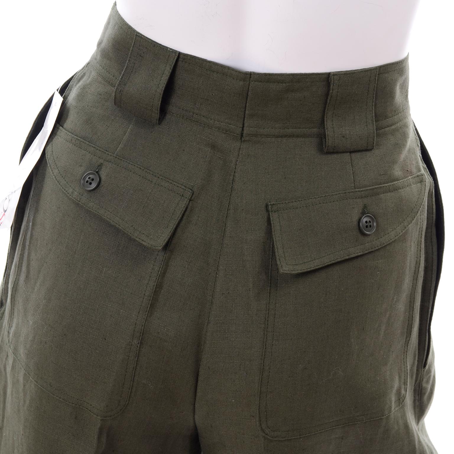 Vintage Army Green Escada Linen High Waisted Shorts Deadstock New With Tags In New Condition For Sale In Portland, OR