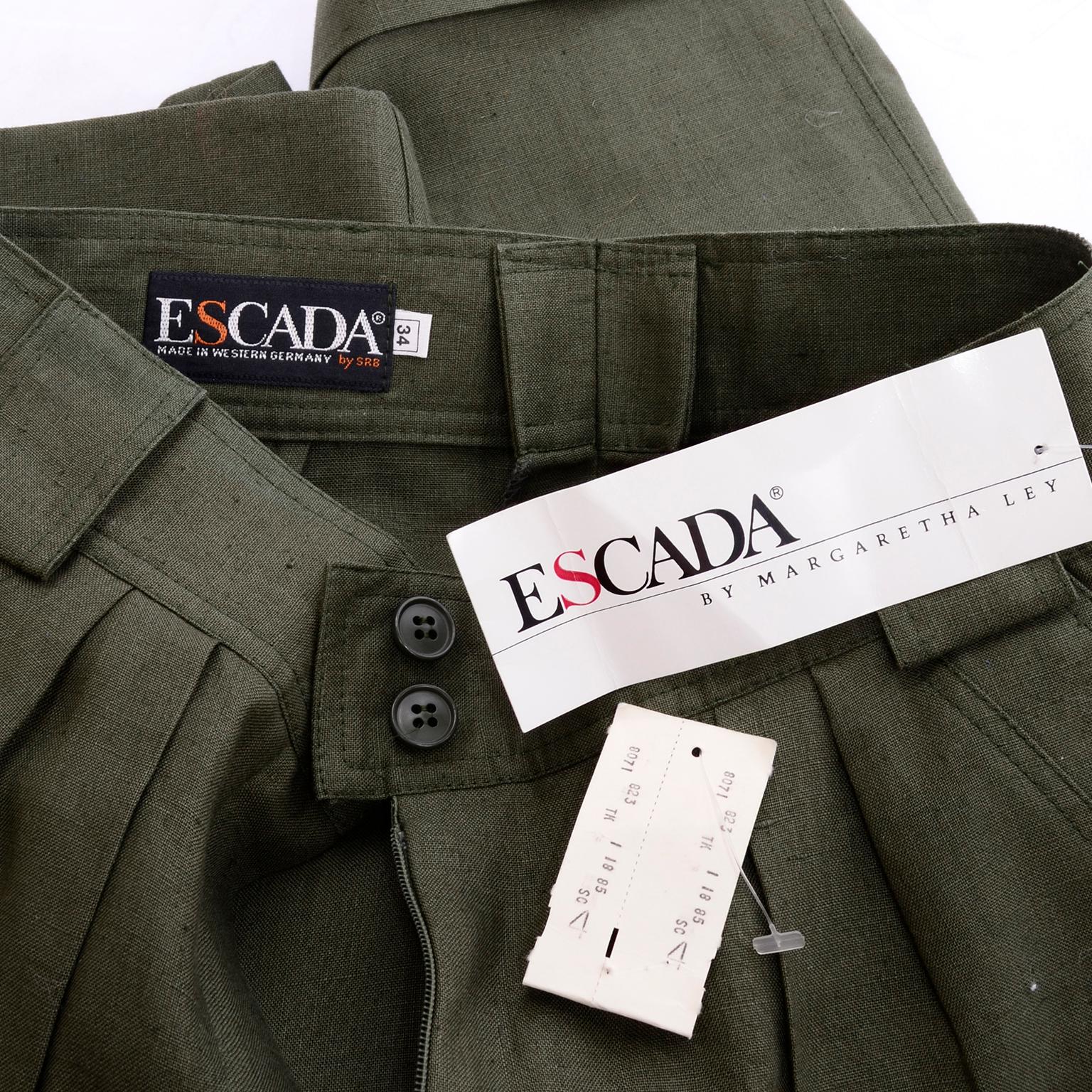 Women's Vintage Army Green Escada Linen High Waisted Shorts Deadstock New With Tags For Sale