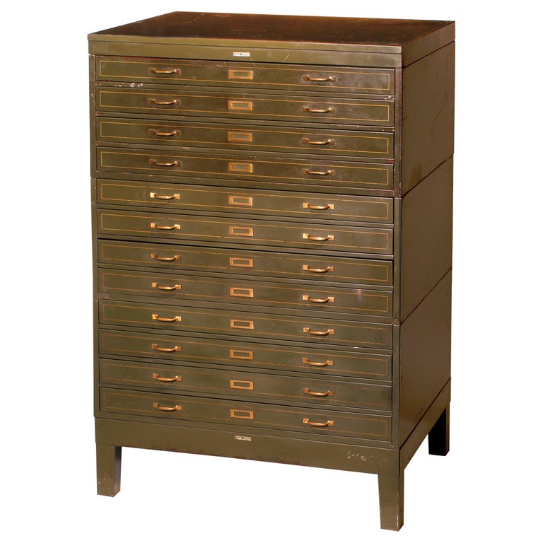 Vintage Army Green Steel Flat File Map and Blueprint by Globe