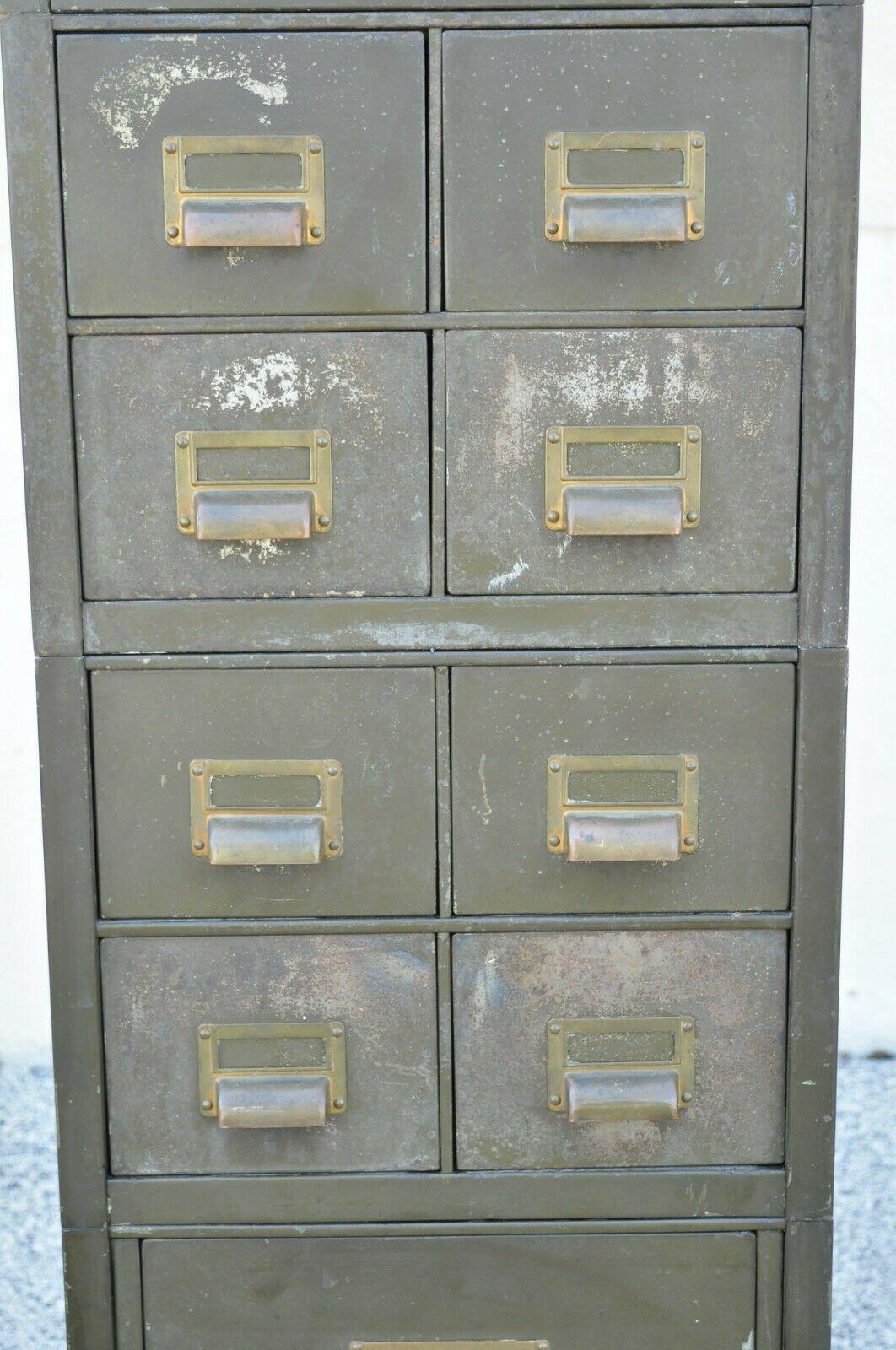 Vintage Army Green Steel Metal Industrial Narrow Stack File Cabinet by Art Metal In Distressed Condition In Philadelphia, PA
