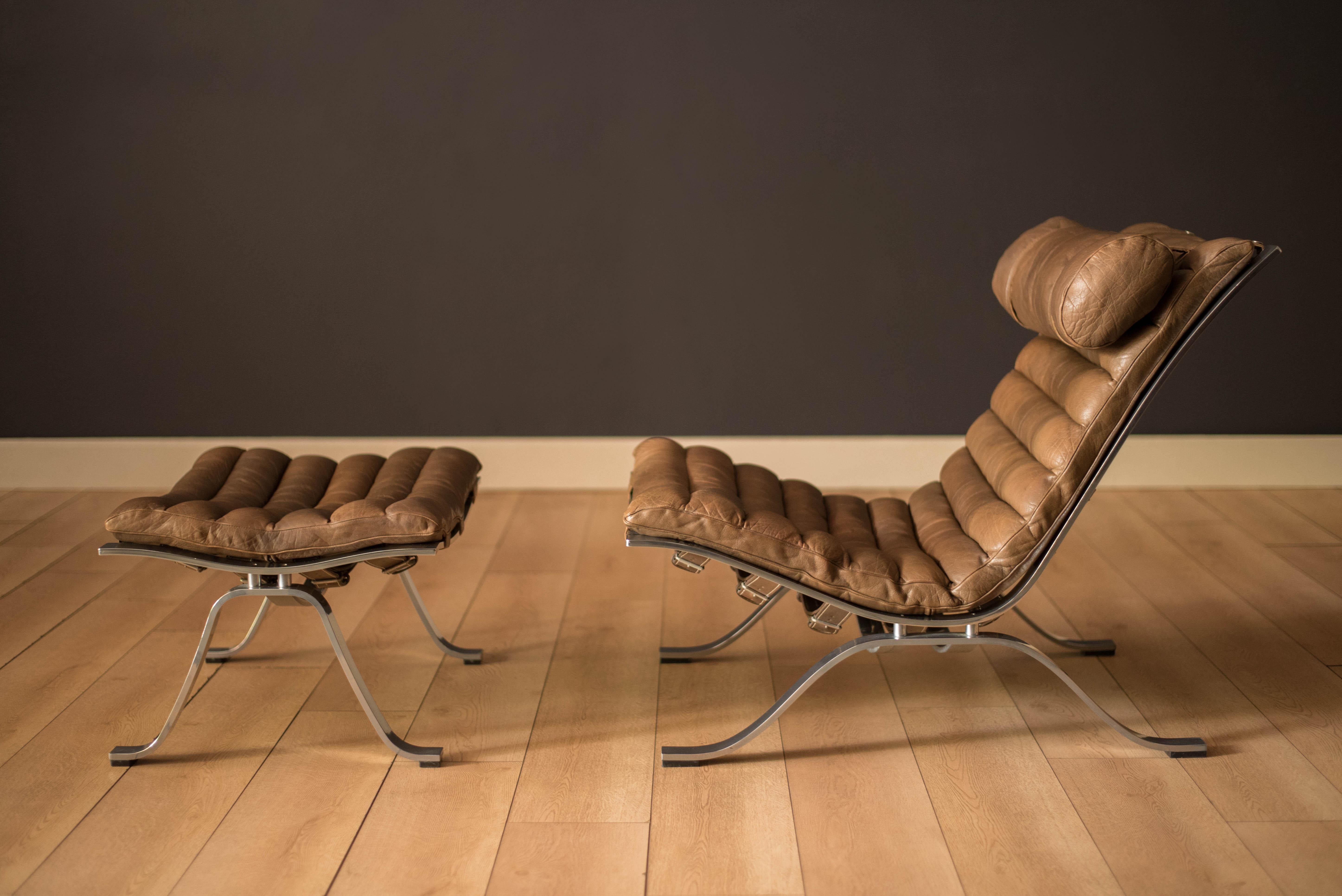 Scandinavian Modern Vintage Arne Norell Leather and Chrome Ari Lounge Chair and Ottoman For Sale