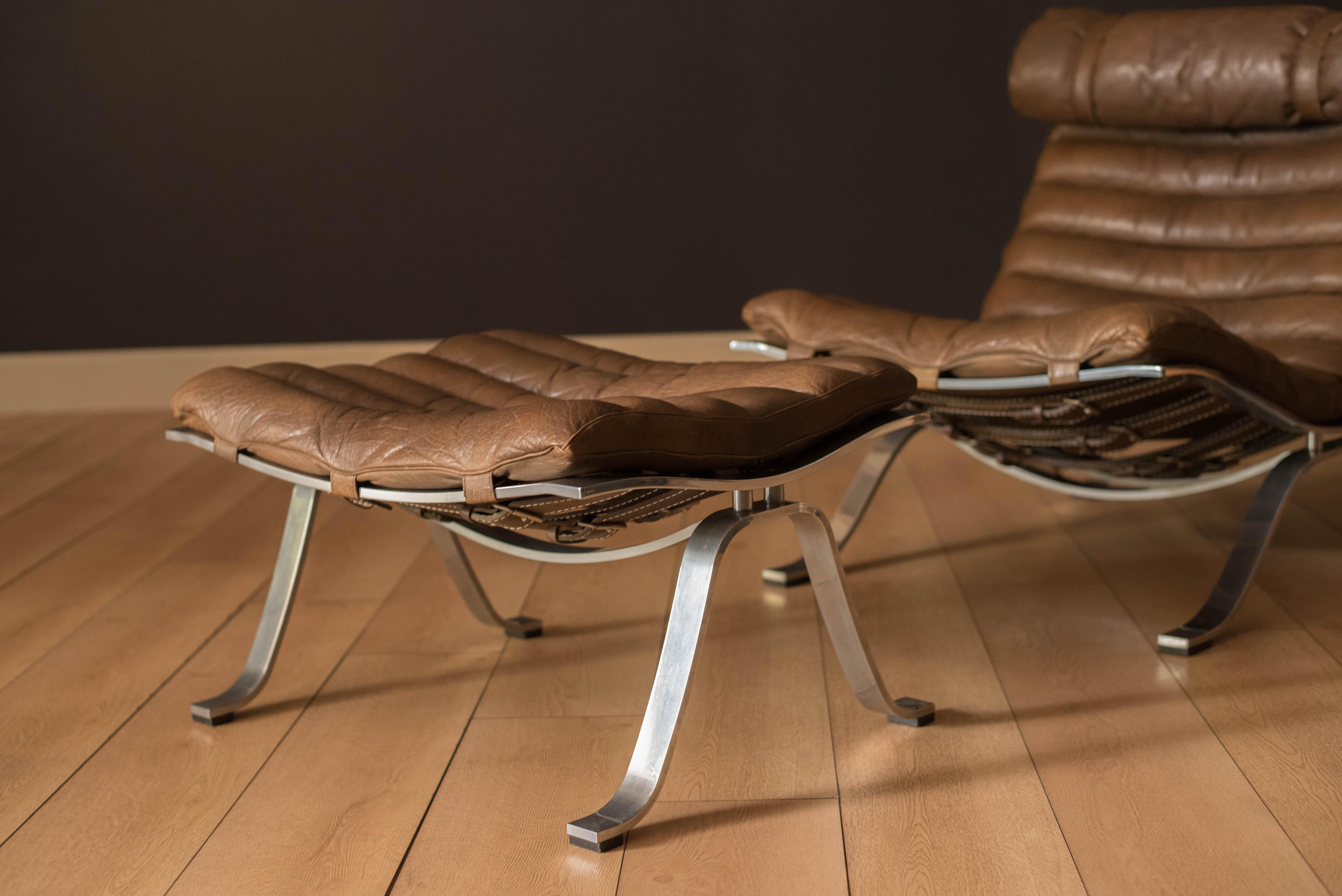 Mid-20th Century Vintage Arne Norell Leather and Chrome Ari Lounge Chair and Ottoman For Sale