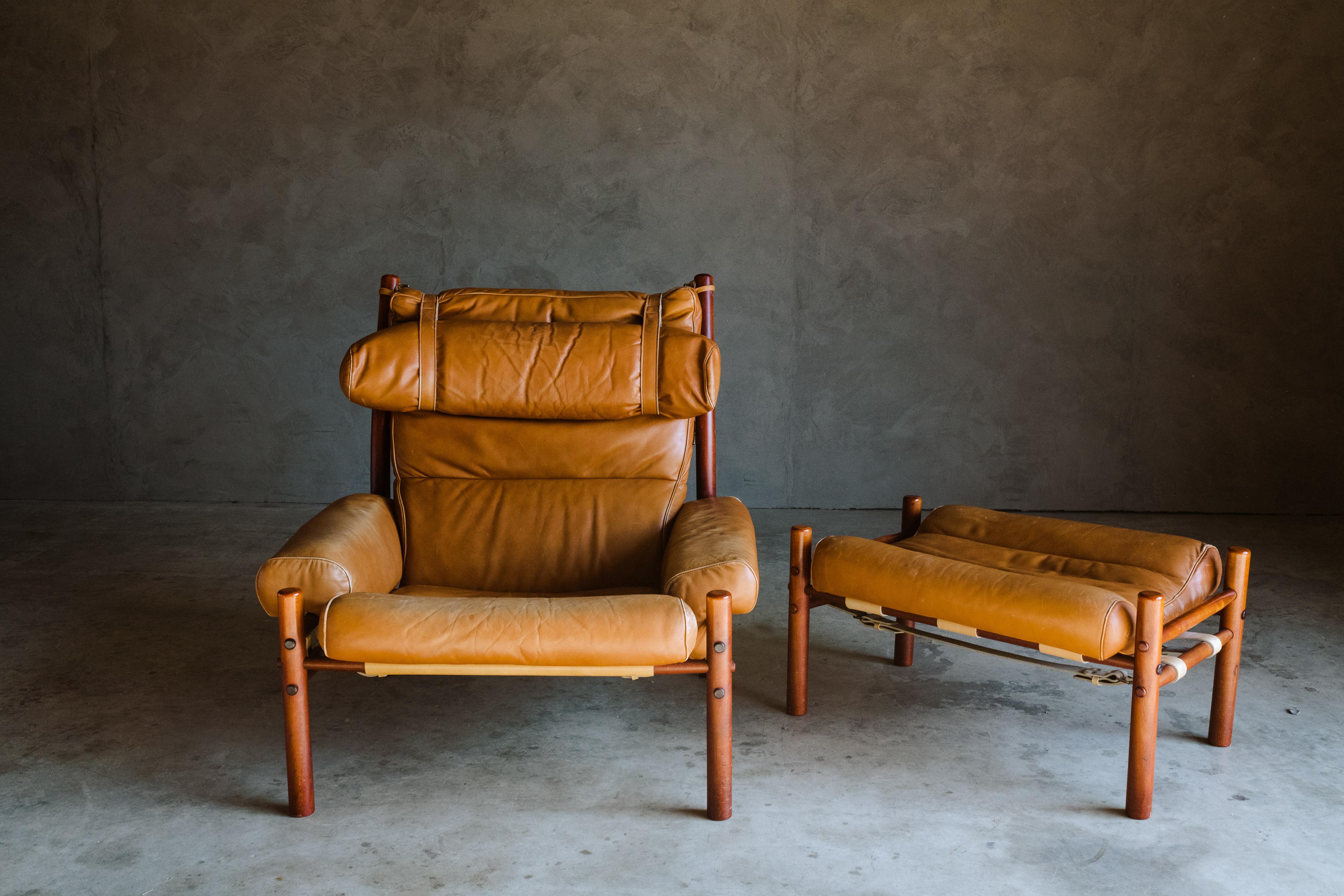 Vintage Arne Norell lounge chair and ottoman, model Inca, circa 1960. Original tan leather on a solid birch frame. Produced by Arne Norell AB, Aneby Sweden. Measures: Ottoman W 23