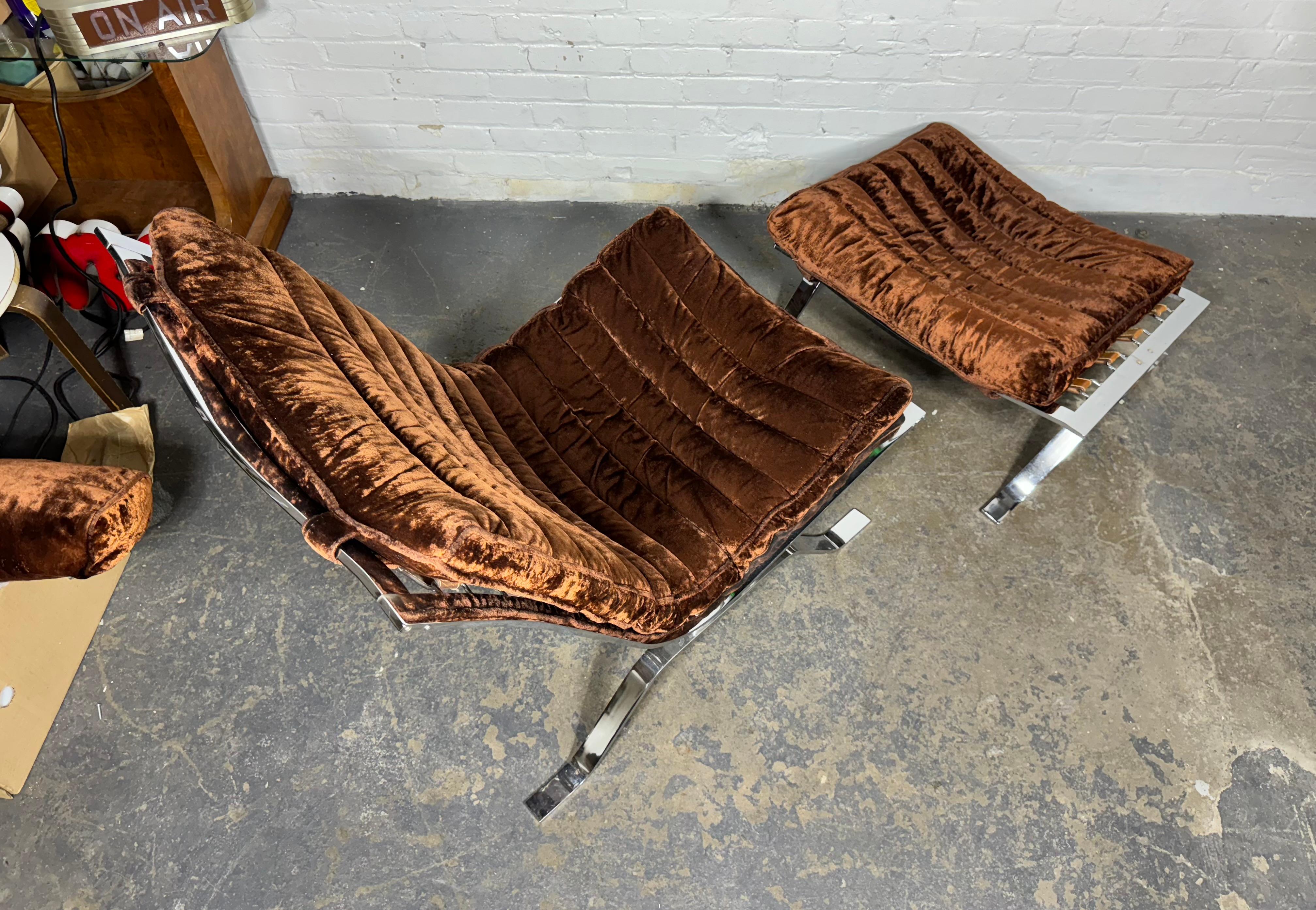 Vintage Arne Norell Velvet and Chrome Ari Lounge Chair and Ottoman For Sale 3