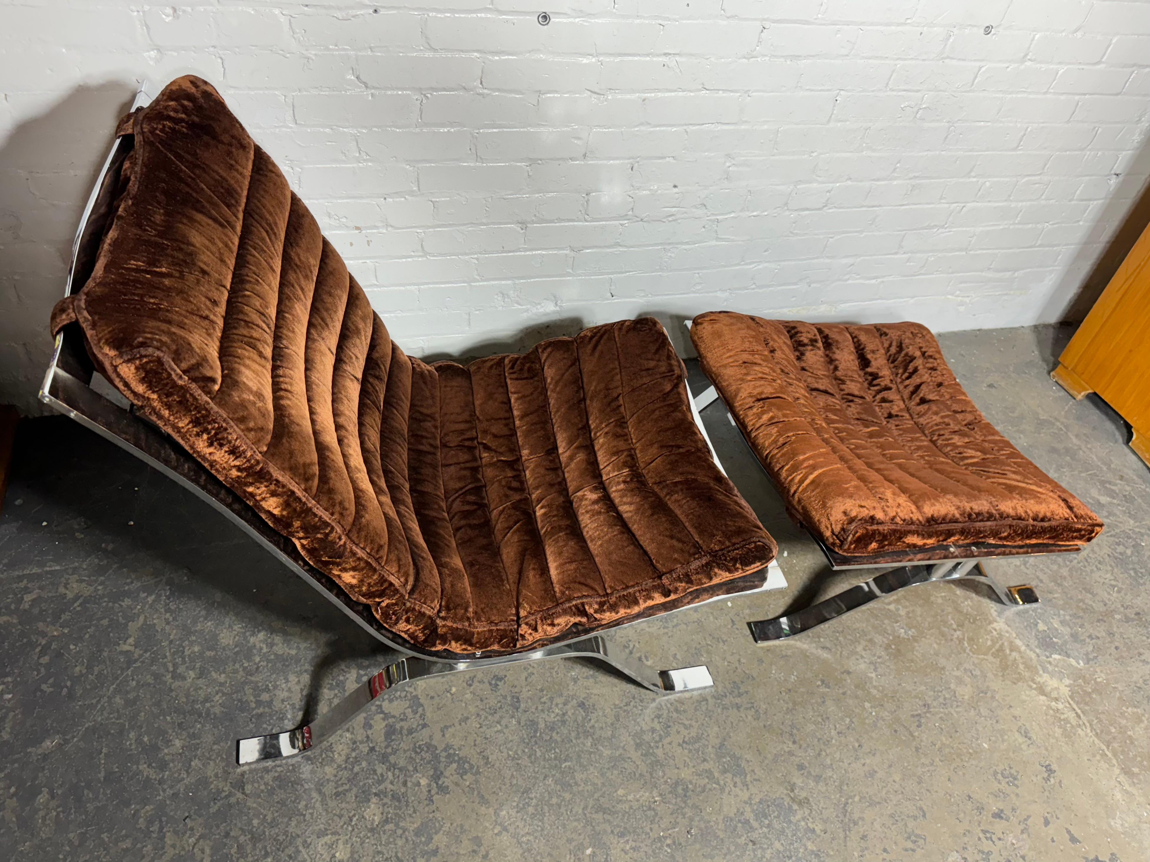 Vintage Arne Norell Velvet and Chrome Ari Lounge Chair and Ottoman For Sale 4