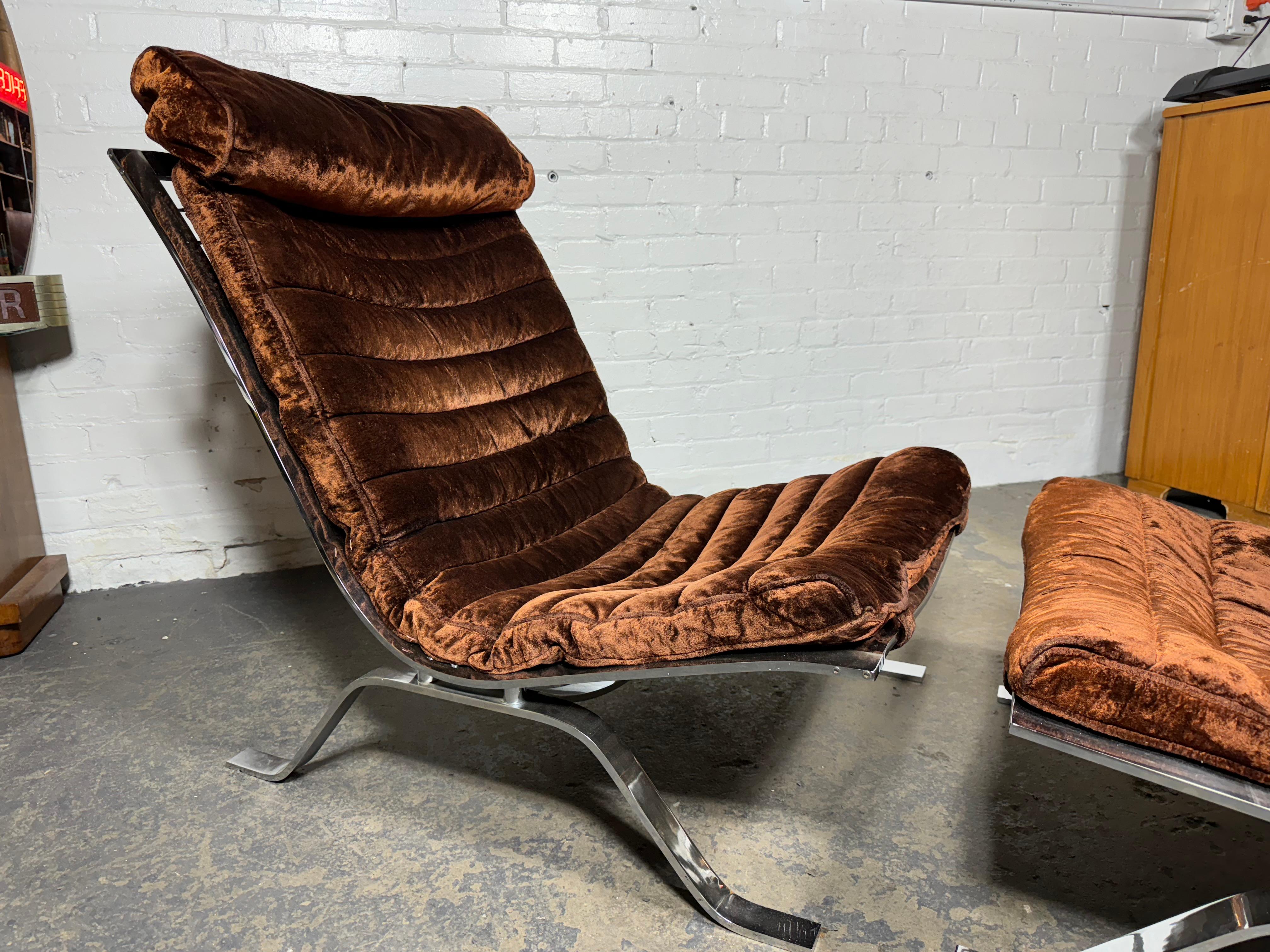 Vintage Arne Norell Velvet and Chrome Ari Lounge Chair and Ottoman For Sale 5