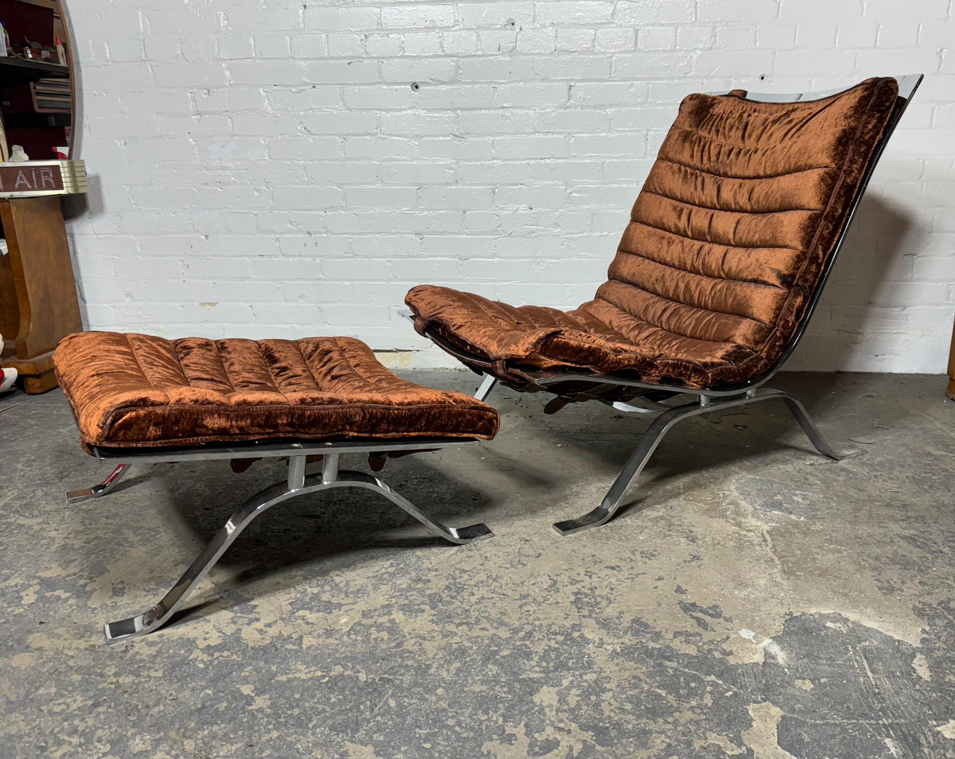 Swedish Vintage Arne Norell Velvet and Chrome Ari Lounge Chair and Ottoman For Sale