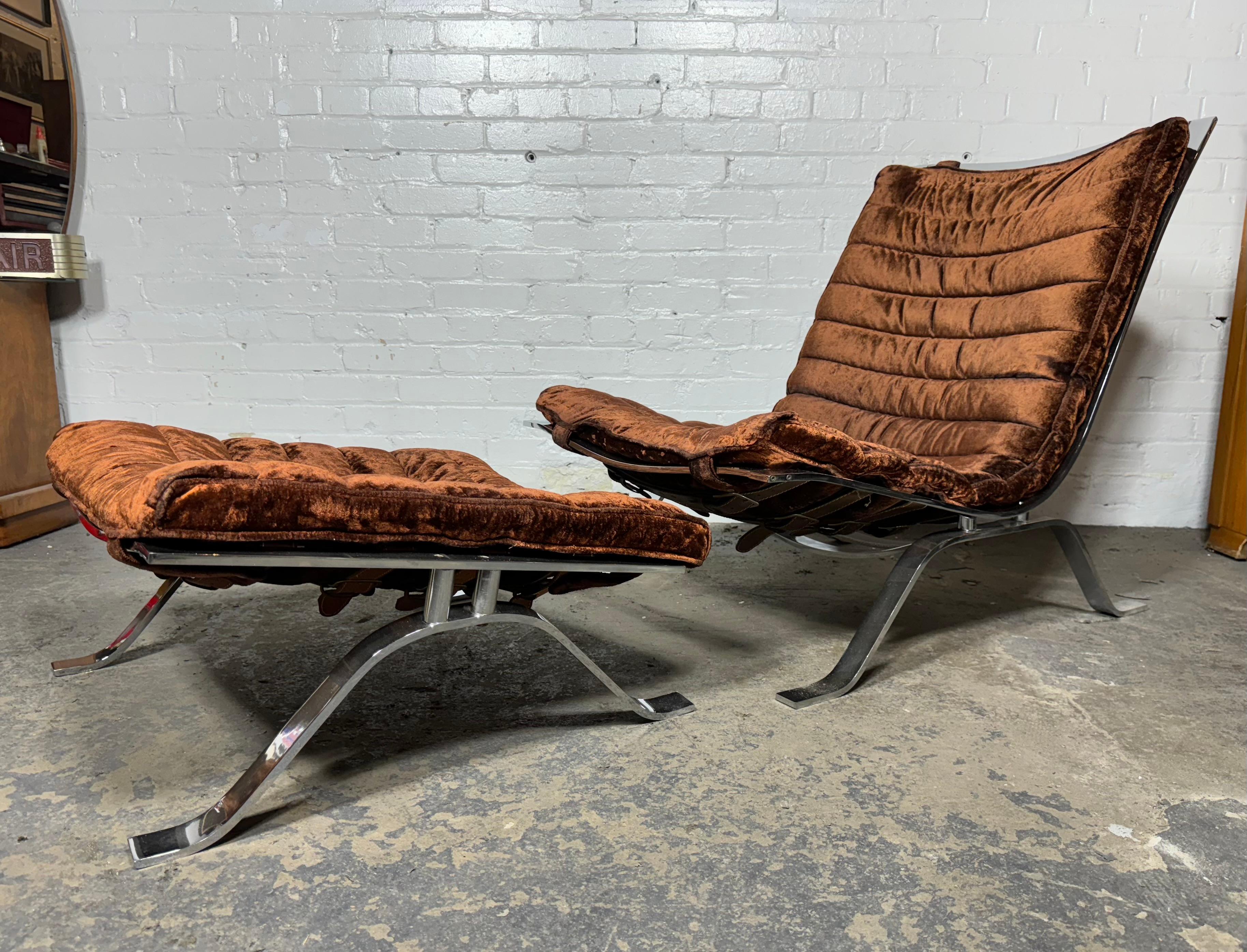 Leather Vintage Arne Norell Velvet and Chrome Ari Lounge Chair and Ottoman For Sale