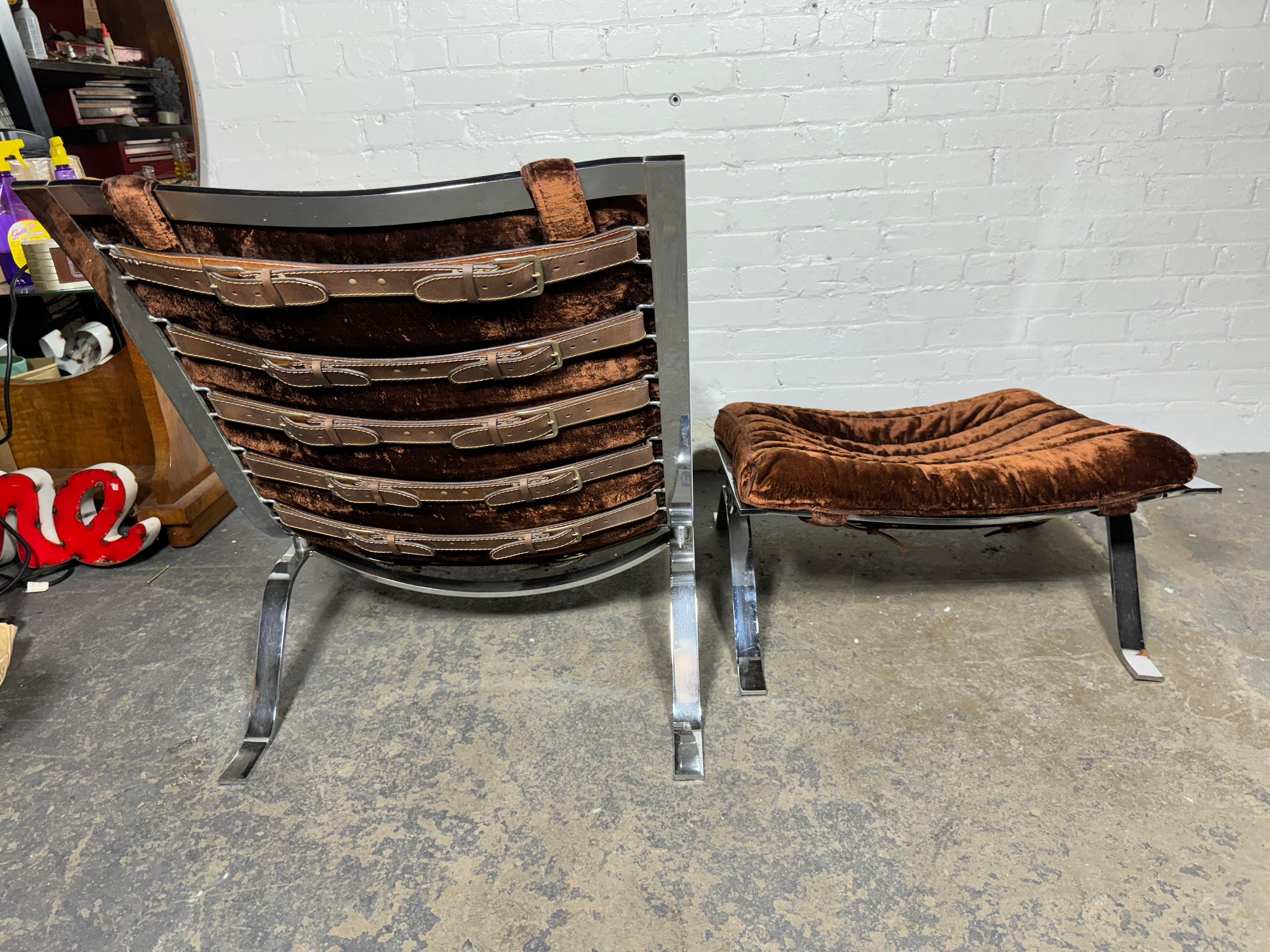 Vintage Arne Norell Velvet and Chrome Ari Lounge Chair and Ottoman For Sale 2