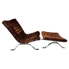 Vintage Arne Norell Velvet and Chrome Ari Lounge Chair and Ottoman