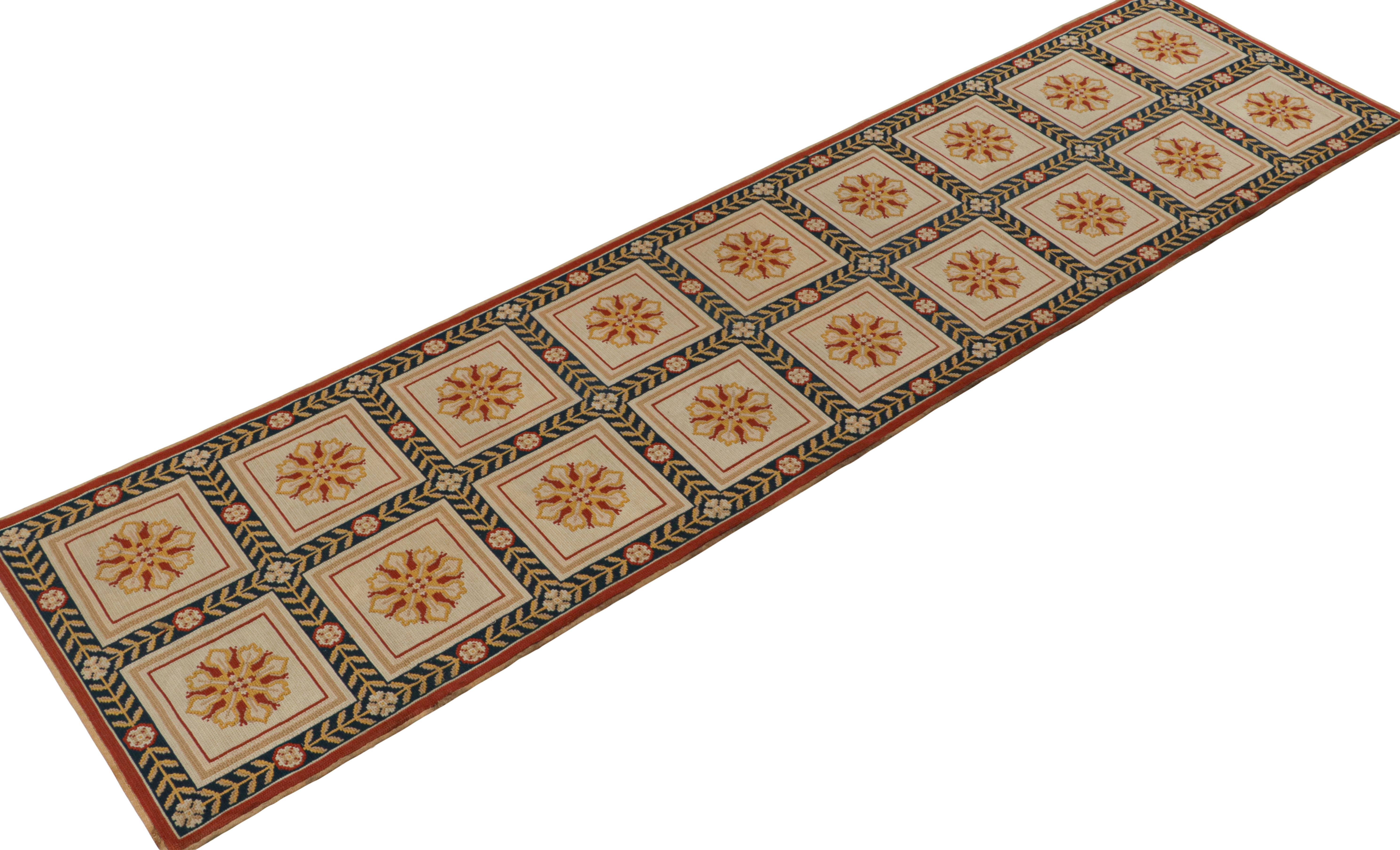 Portuguese Vintage Arraiolos Needlepoint Runners in Beige Floral Medallions by Rug & Kilim For Sale