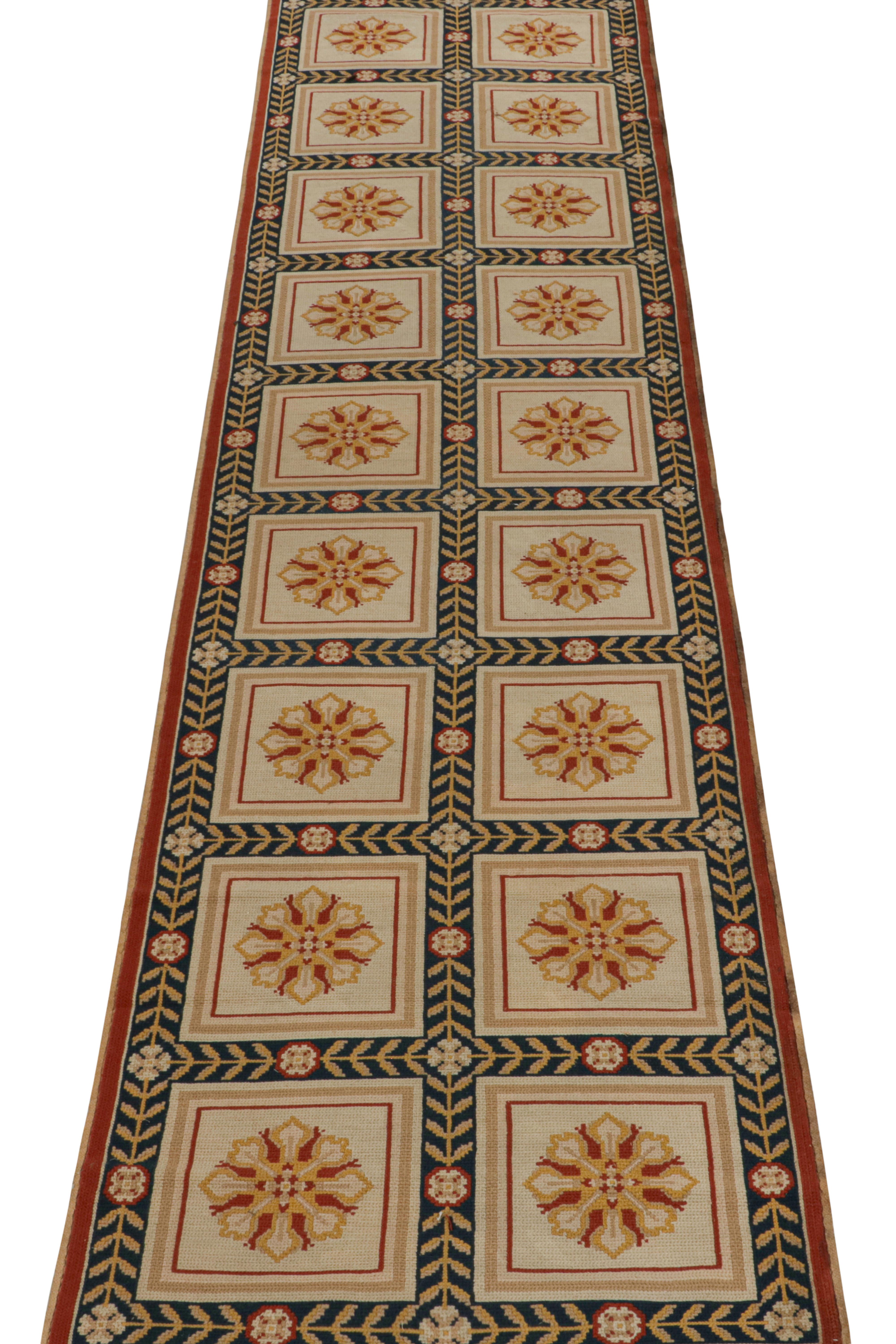 This pair of vintage 3x13 needlepoint runner is the next grand addition to Rug & Kilim’s repertoire of classic curations. Hand-knotted in wool.
Further on the Design: 
These 3x13 pieces are mid-century Portuguese runners from the famed Arraiolos
