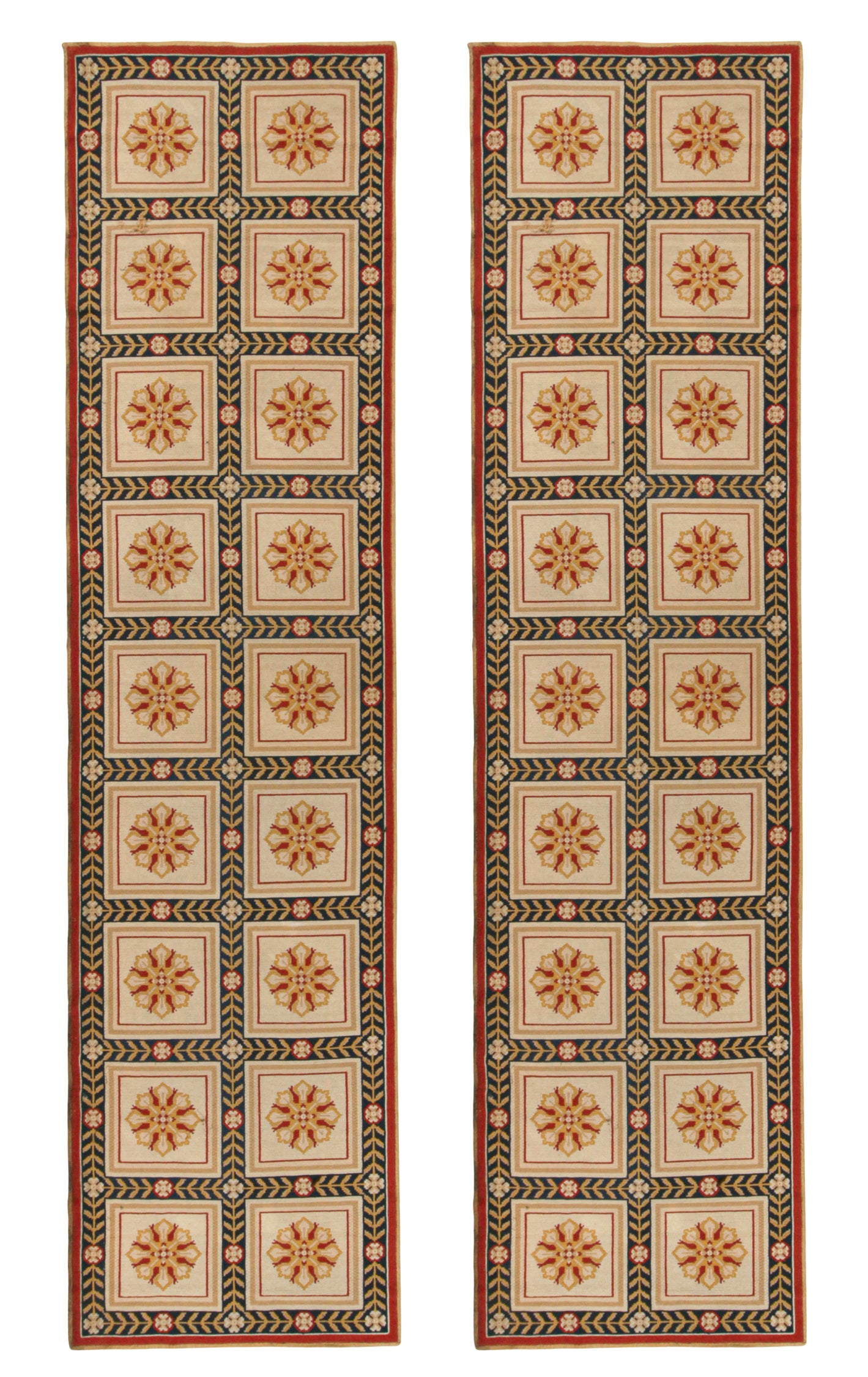 Vintage Arraiolos Needlepoint Runners in Beige Floral Medallions by Rug & Kilim For Sale