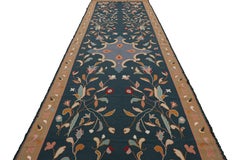 Vintage Arraiolos Runner Rug in Blue With Floral Patterns, From Rug & Kilim