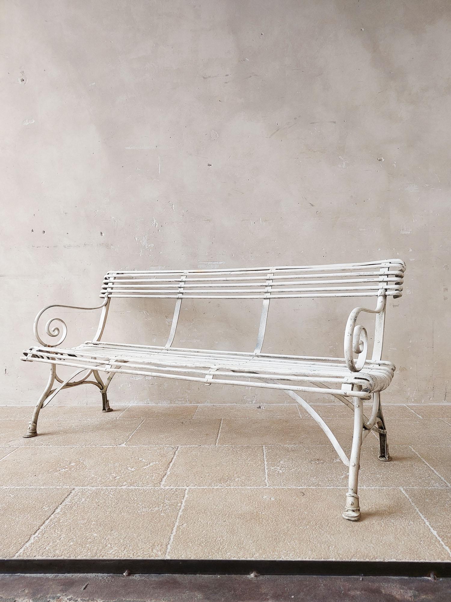 Patinated Vintage Arras style Garden Bench with White Patina For Sale