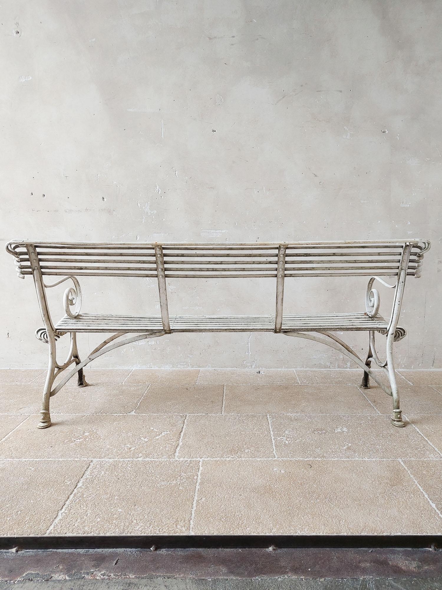 Vintage Arras style Garden Bench with White Patina For Sale 2