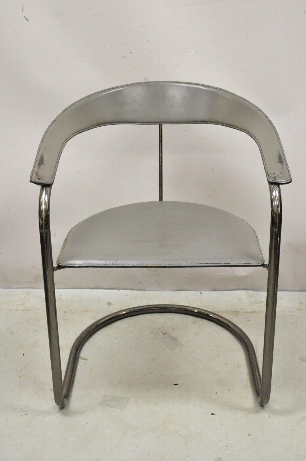 Metal Vintage Arrben Italy Canasta Cantilever Gray Leather Italian Modern Chairs - 4 For Sale
