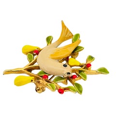 Broche créatrice vintage art oiseau en or et émail