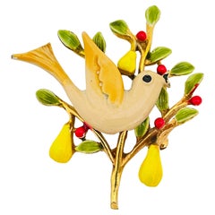 Broche créatrice vintage art oiseau en or et émail 