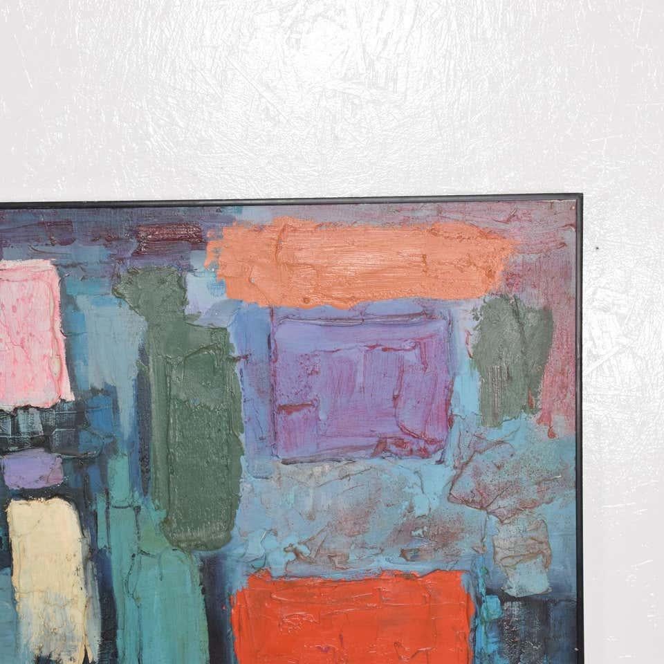 American Modern Art Bold Cubist Abstract Oil on Canvas Vibrant Aqua & Purple Signed 1994